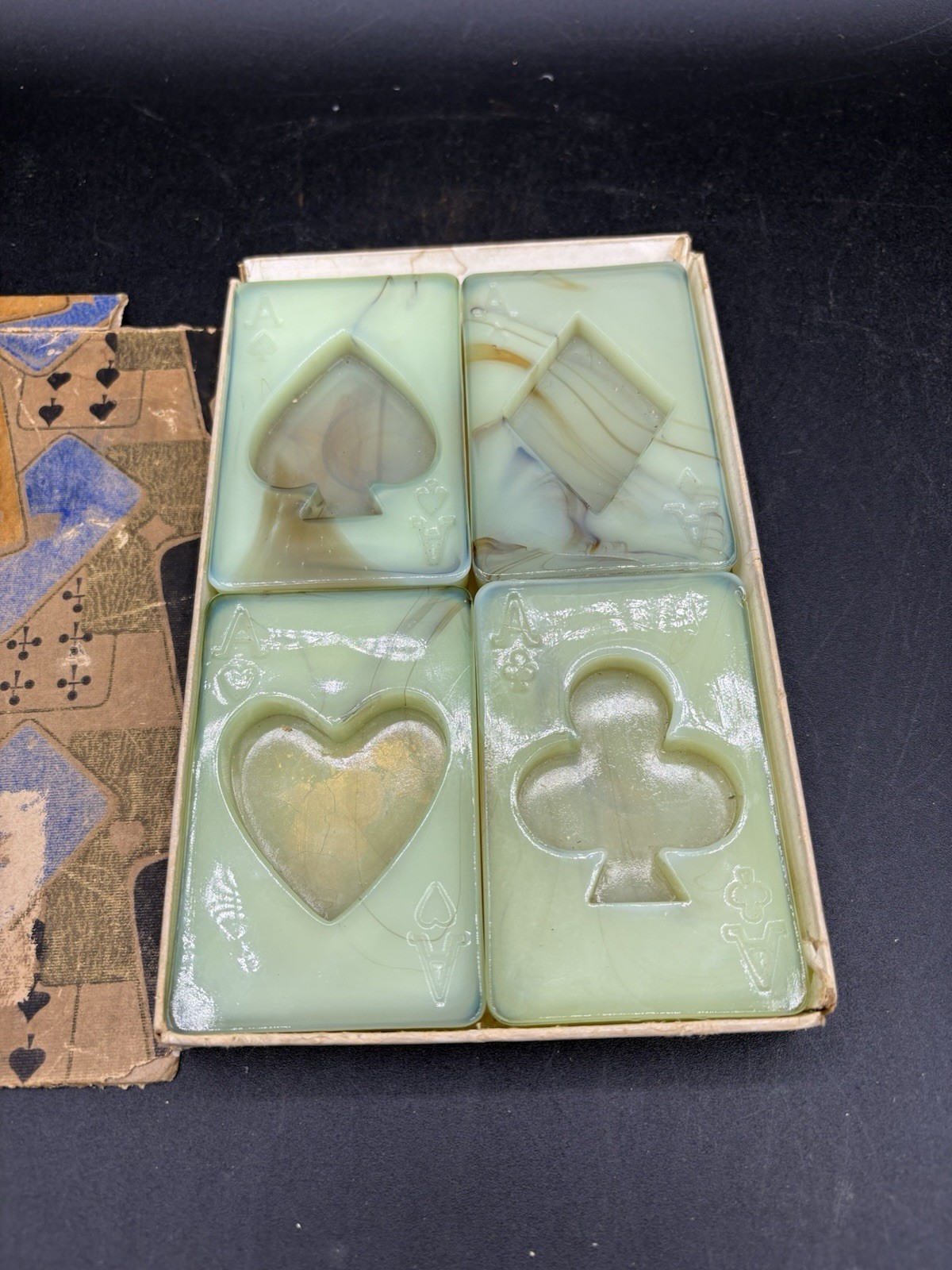 Vintage 1930s Houze Glass Players Aces Slag Glass Ashtray Set Uranium 
