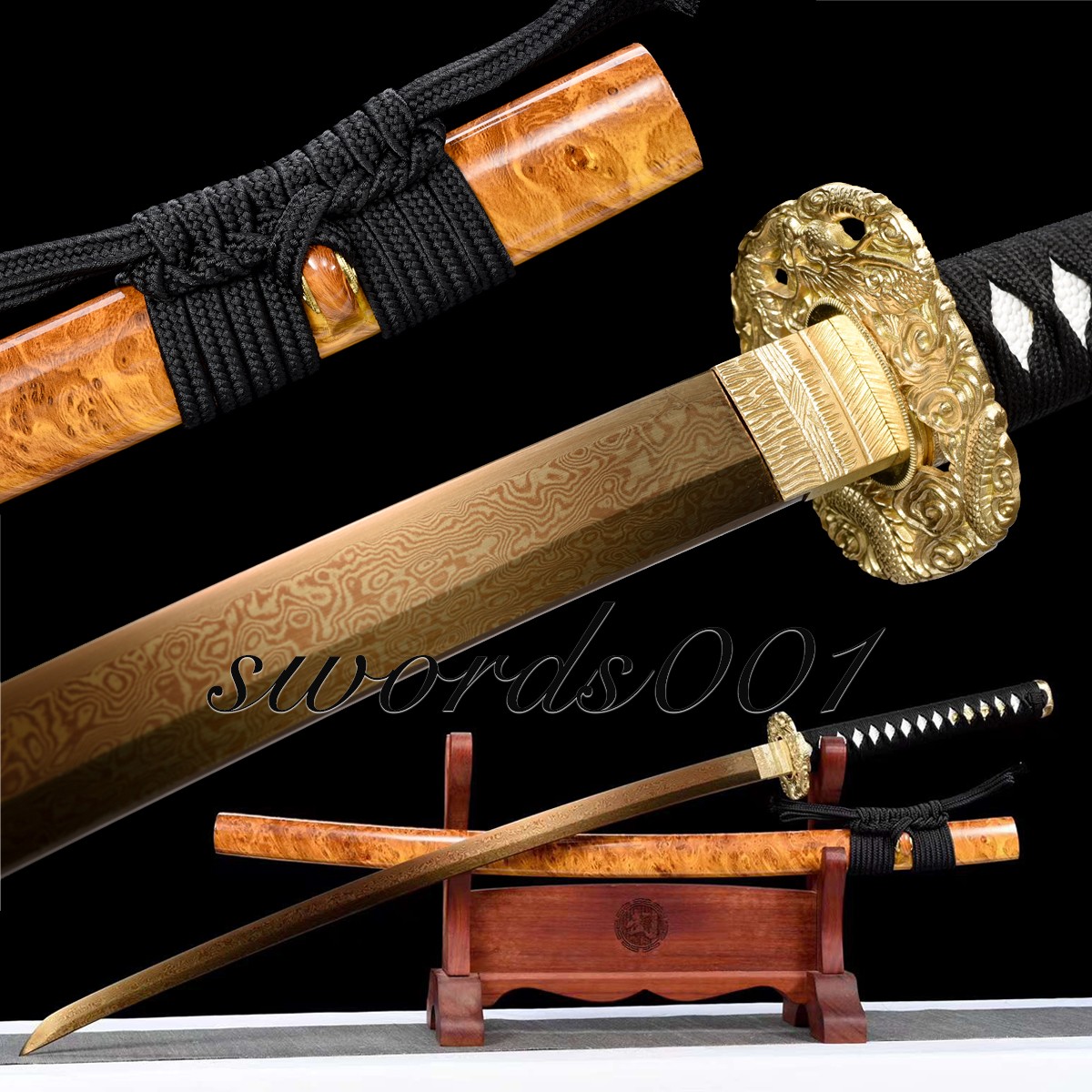 Elegant Gold Damascus Folded Steel Blade Japanese Samurai Katana Sword Full Tang
