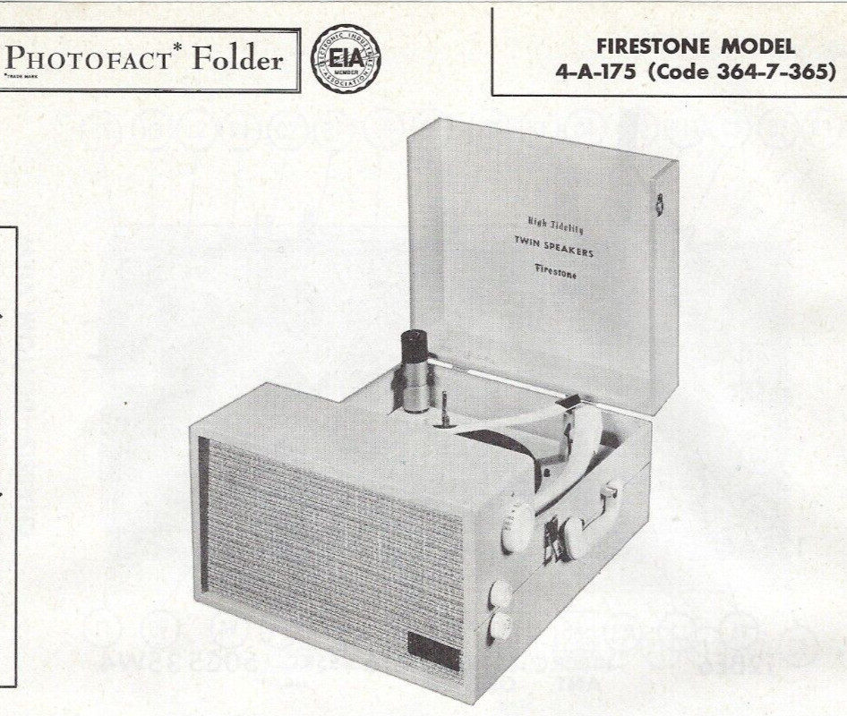 1958 FIRESTONE 4-A-175 RECORD PLAYER Changer Photofact MANUAL Portable Receiver