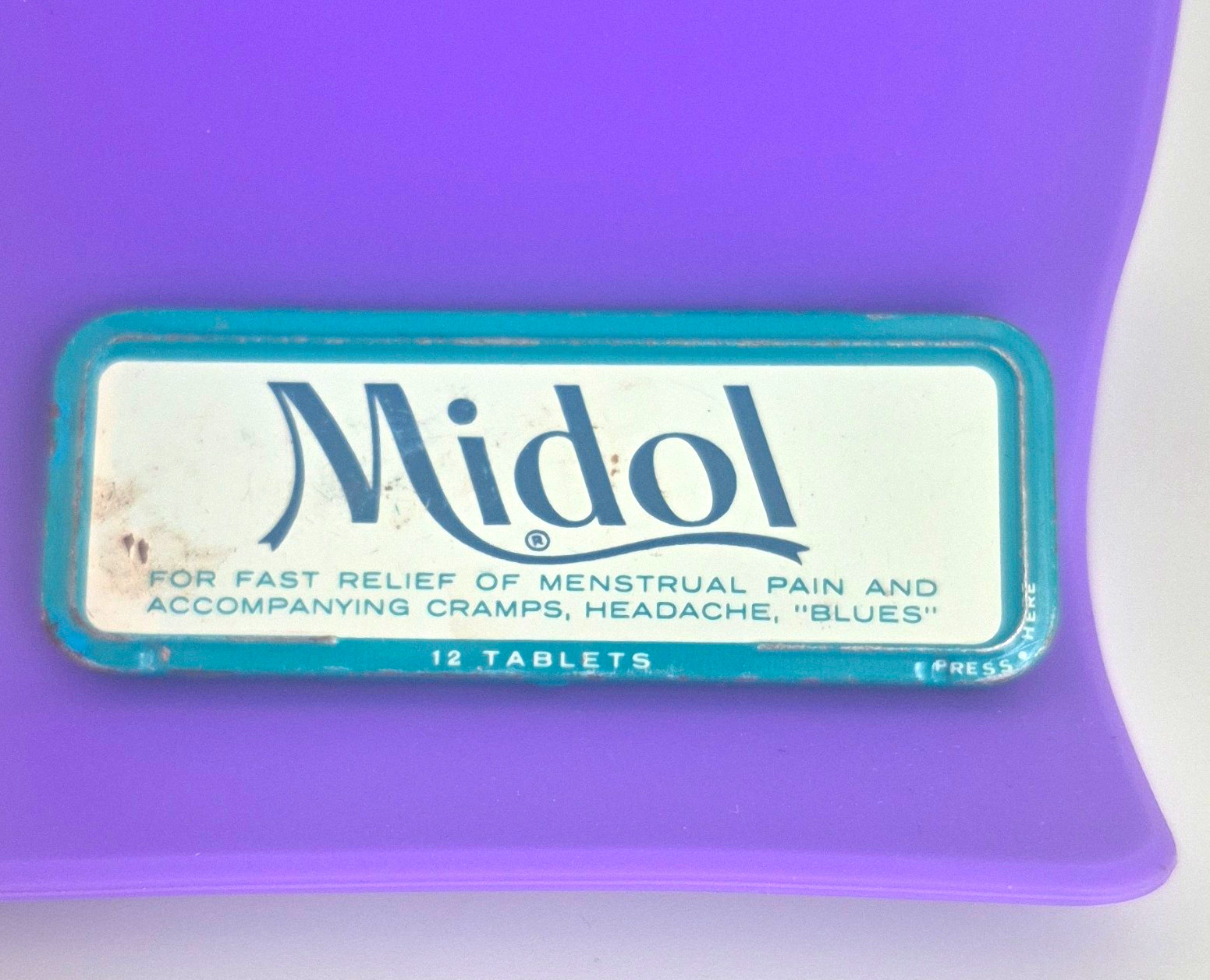 Midol Vintage 12 Tablets Advertising Tin Metal Box Blue/White