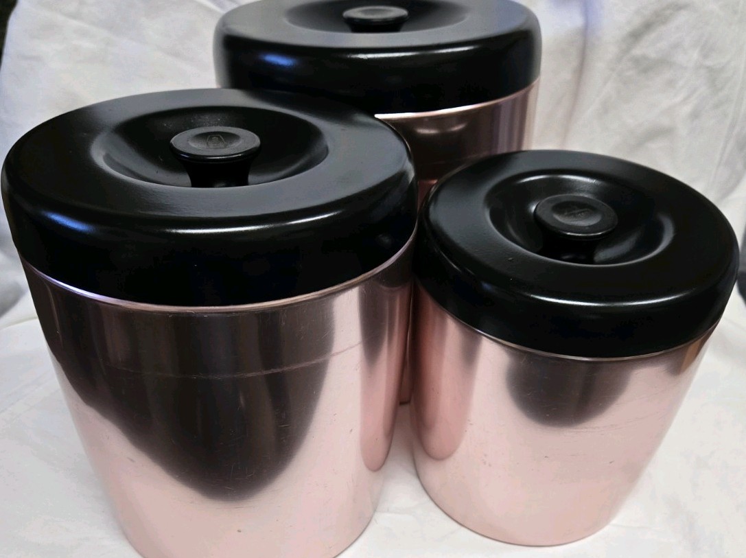 Vtg West Bend Rose Gold Aluminum Canister Set of 3 MCM Retro Kitchen Vtg West Bend Rose Gold Aluminum Canister Set of 3 MCM Retro Kitchen