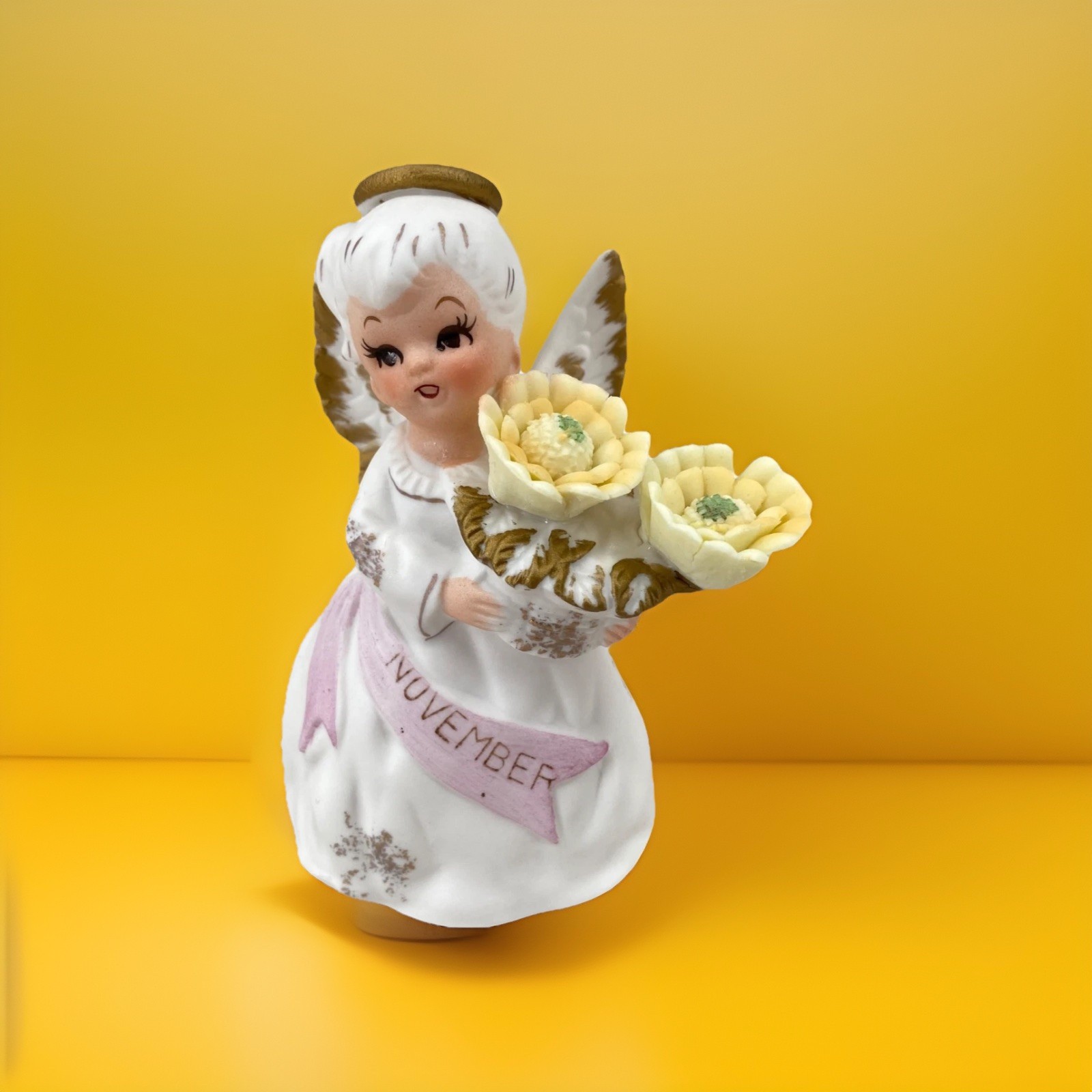 Vintage Lefton November Birthday Girl Angel Yellow Mums Flowers Lavendar Sash Vintage Lefton November Birthday Girl Angel Yellow Mums Flowers Lavendar Sash