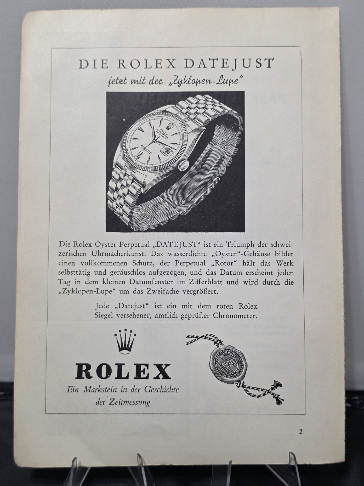 Rare German 1956 print advertisement Rolex Oyster Perpetual Datejust Cyclops