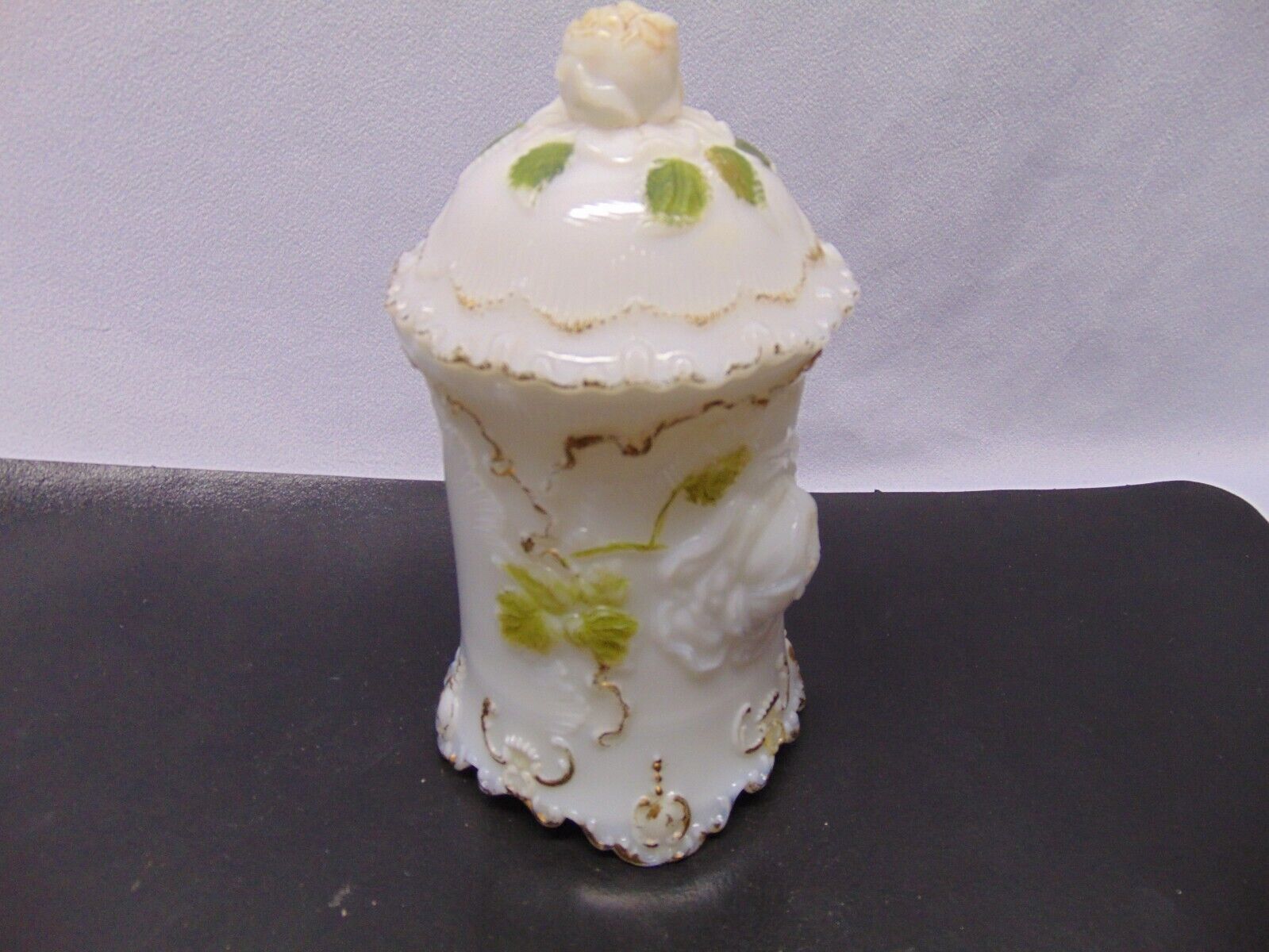 Antique dithridge Green Flower gold trim Milk Glass Dress jar w/ lid Rose emboss