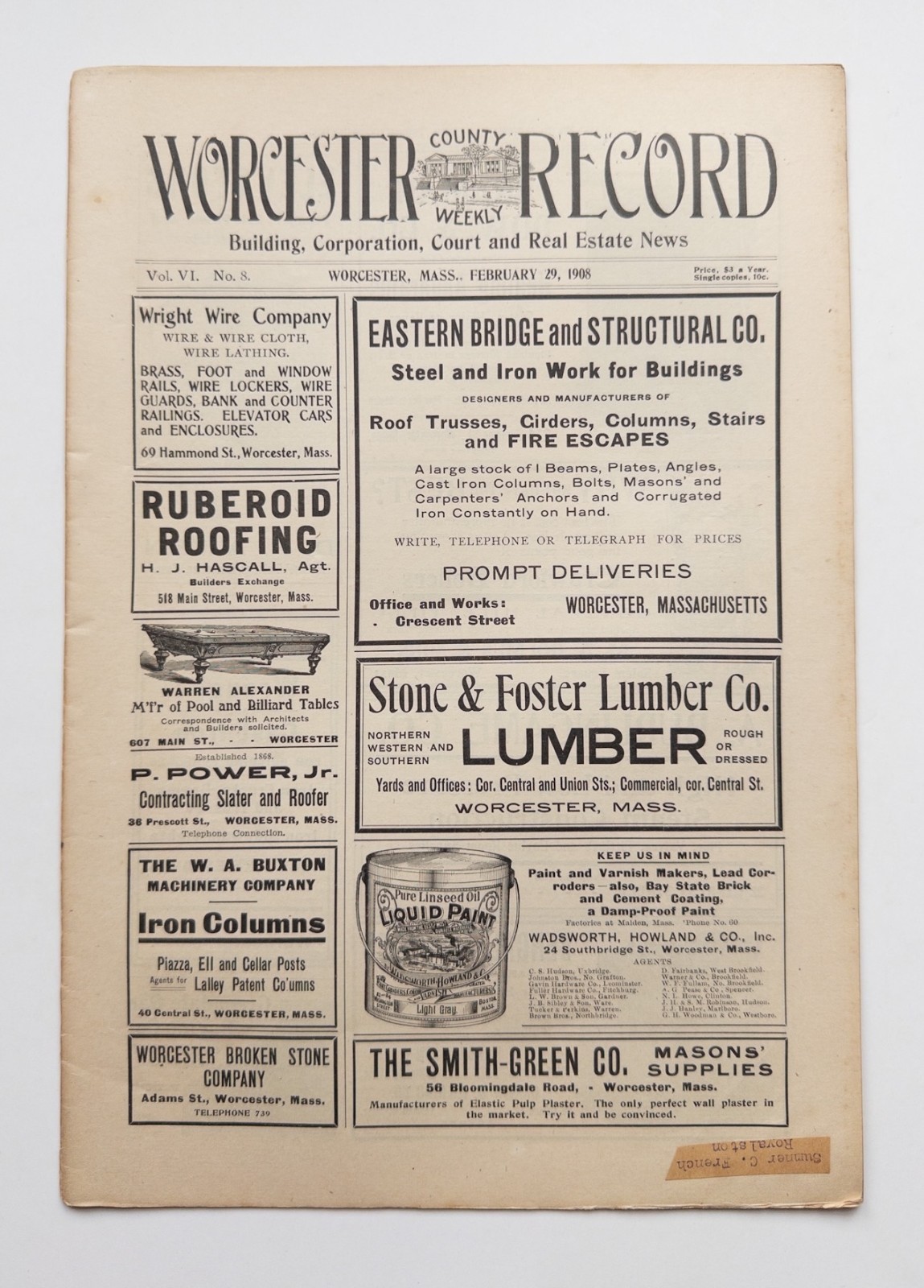 1908 Worcester MA Weekly Record Newspaper Industrial Advertising Leap Year Rare