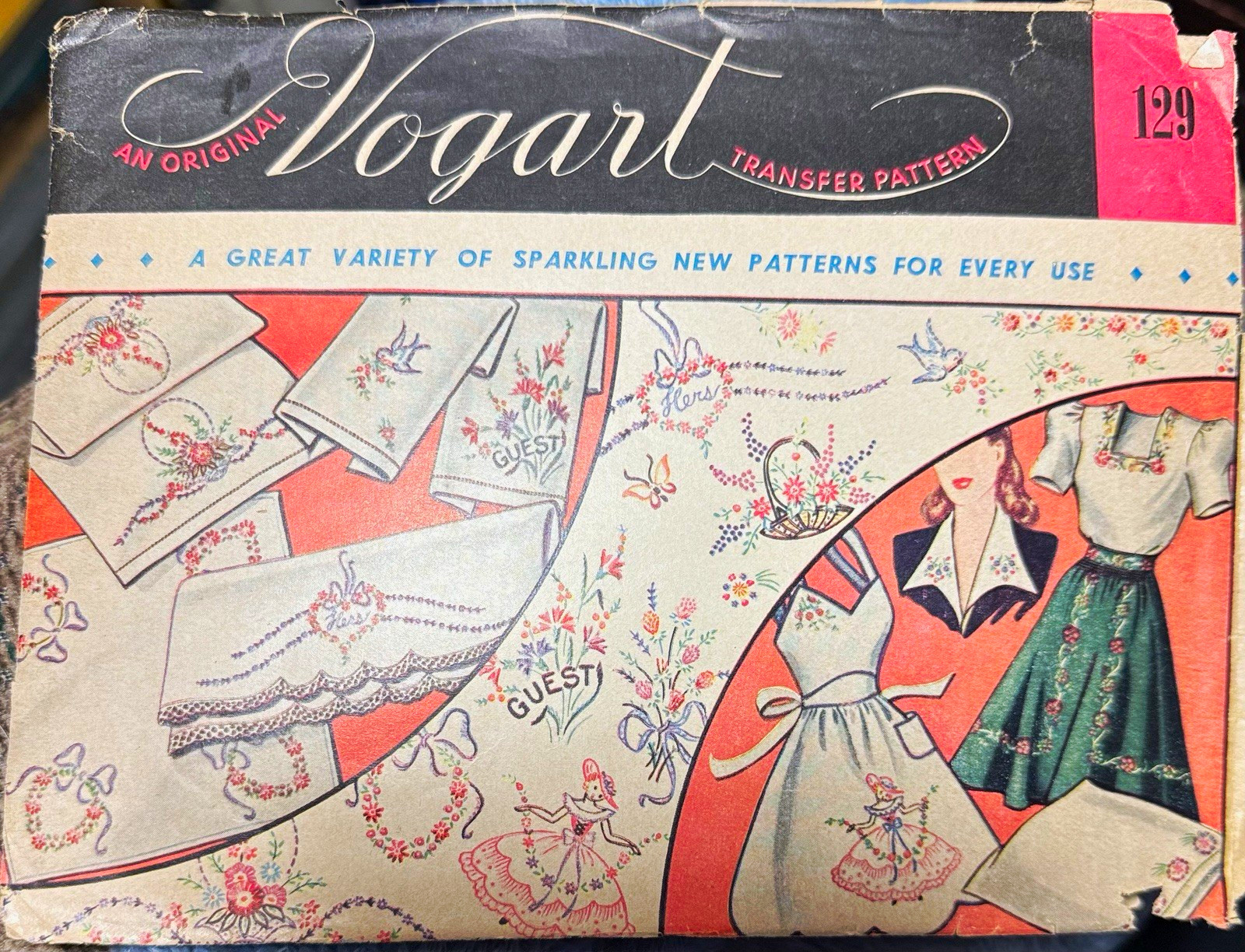 Vogart Transfer Pattern No. 129 Embroidery Sewing Transfers, Vintage Original