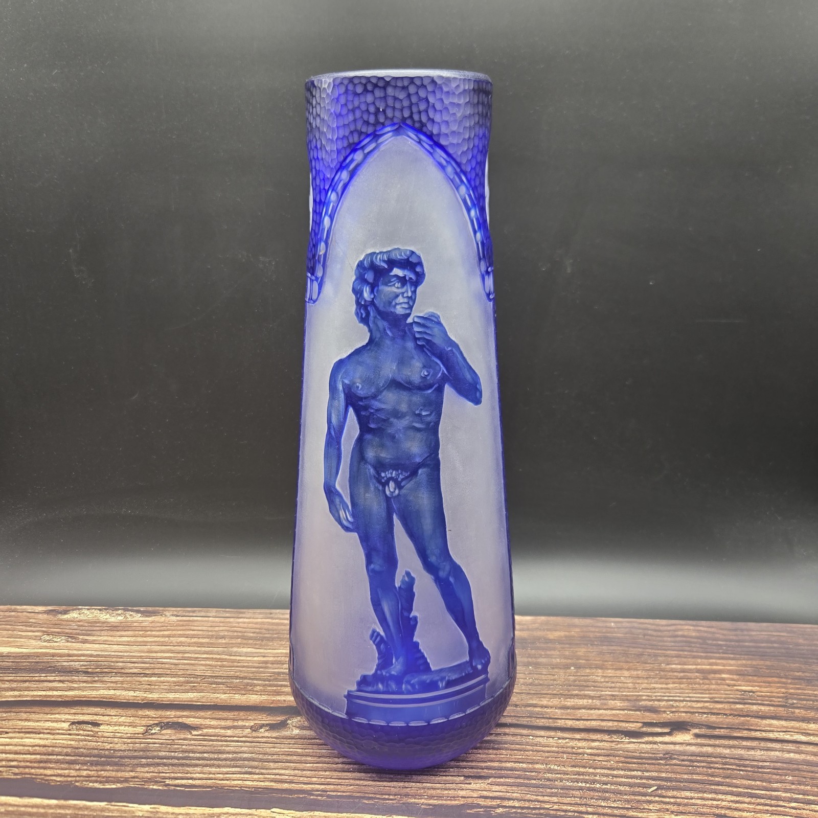 Cobalt Frosted Etched Glass Vase Michelangelo\'s David 13\
