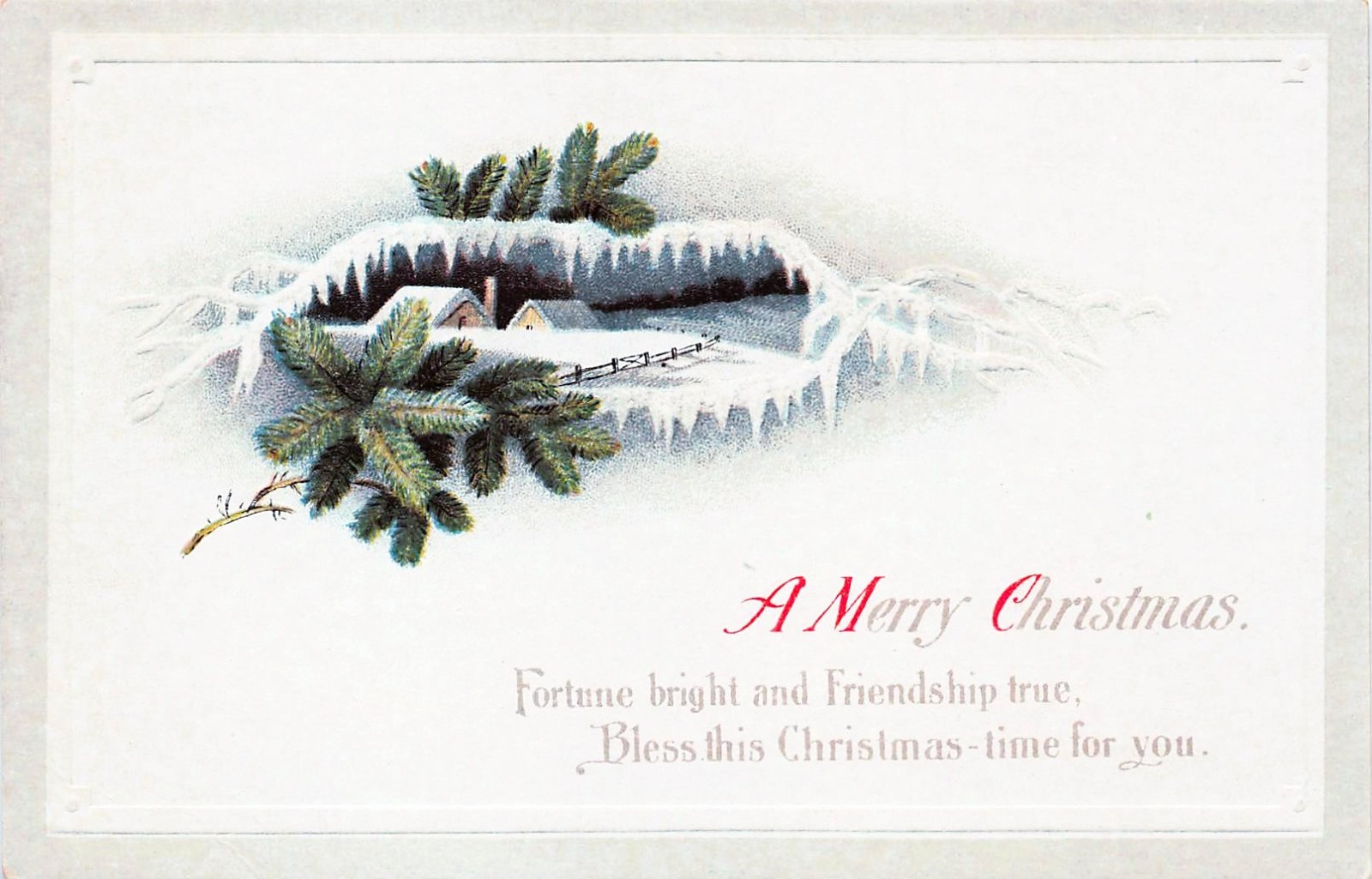 Antique IAPC Christmas Embossed Postcard Split Rail Fence Snow Pines 1916 CP457