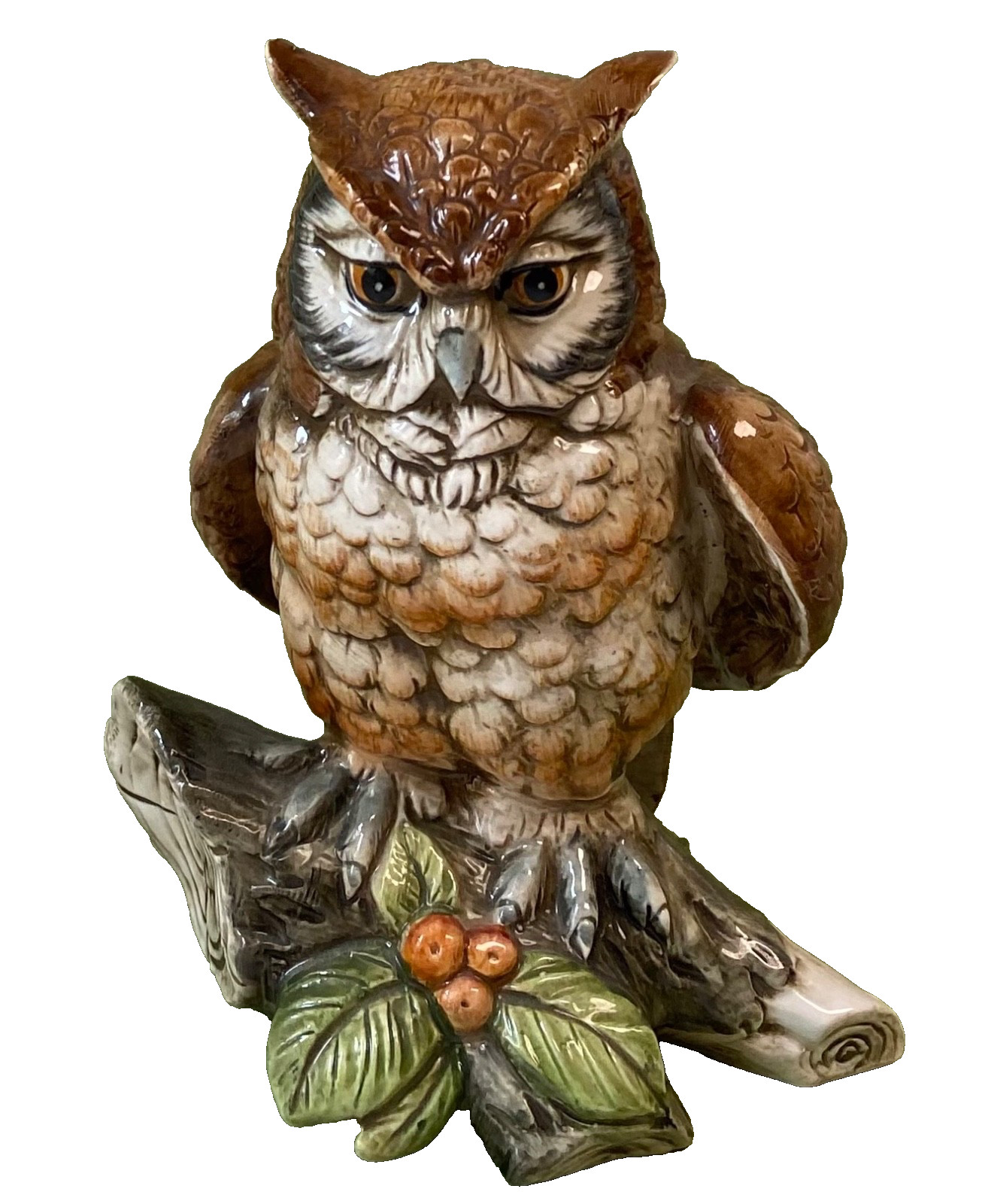 Vintage Woodland Owl Figure Perched on Tree Branch Hand Painted Enesco Japan 6”