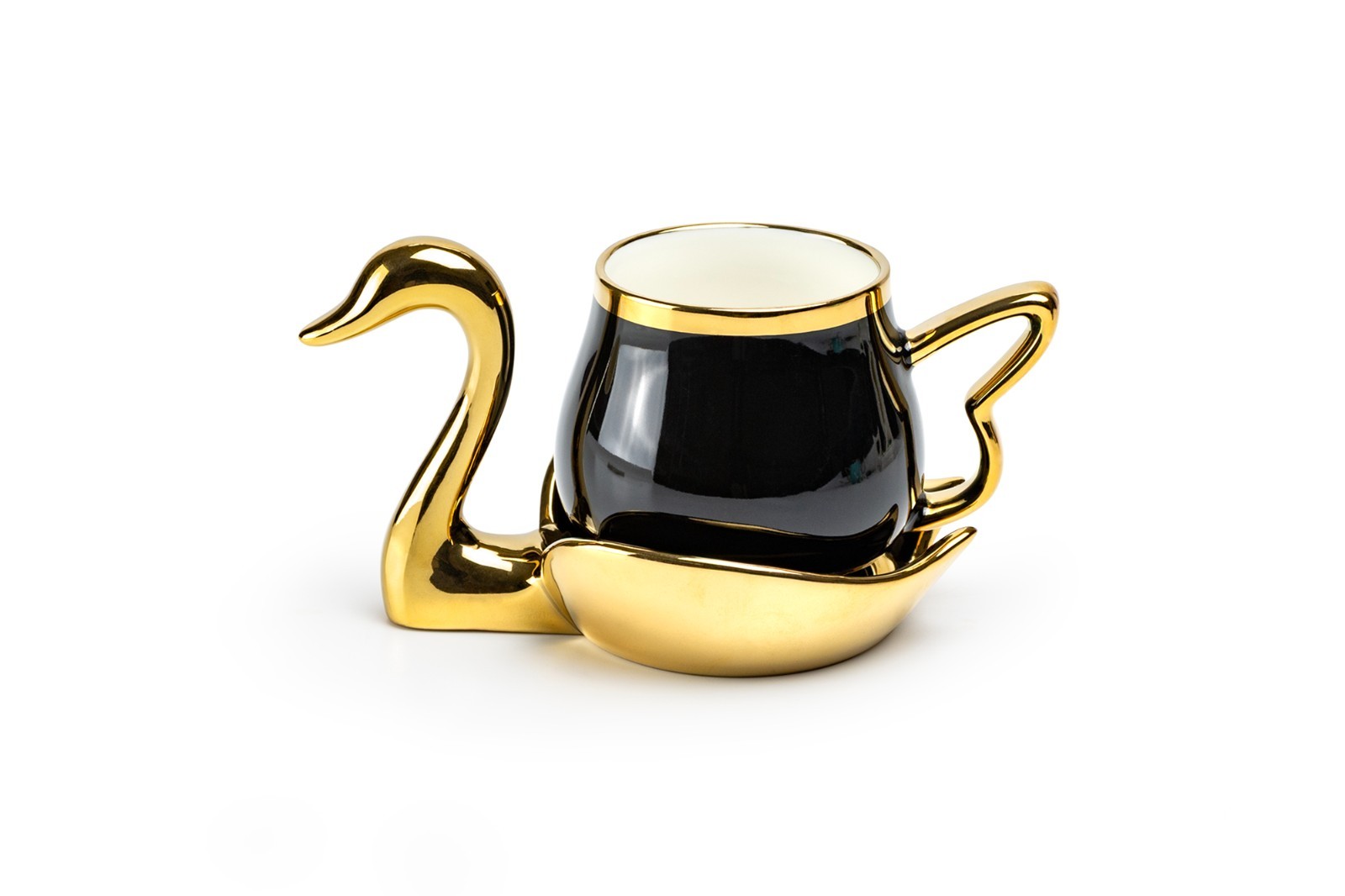 Grace Teaware Golden Swan Black 7oz Fine Porcelain Tea Cup and Saucer