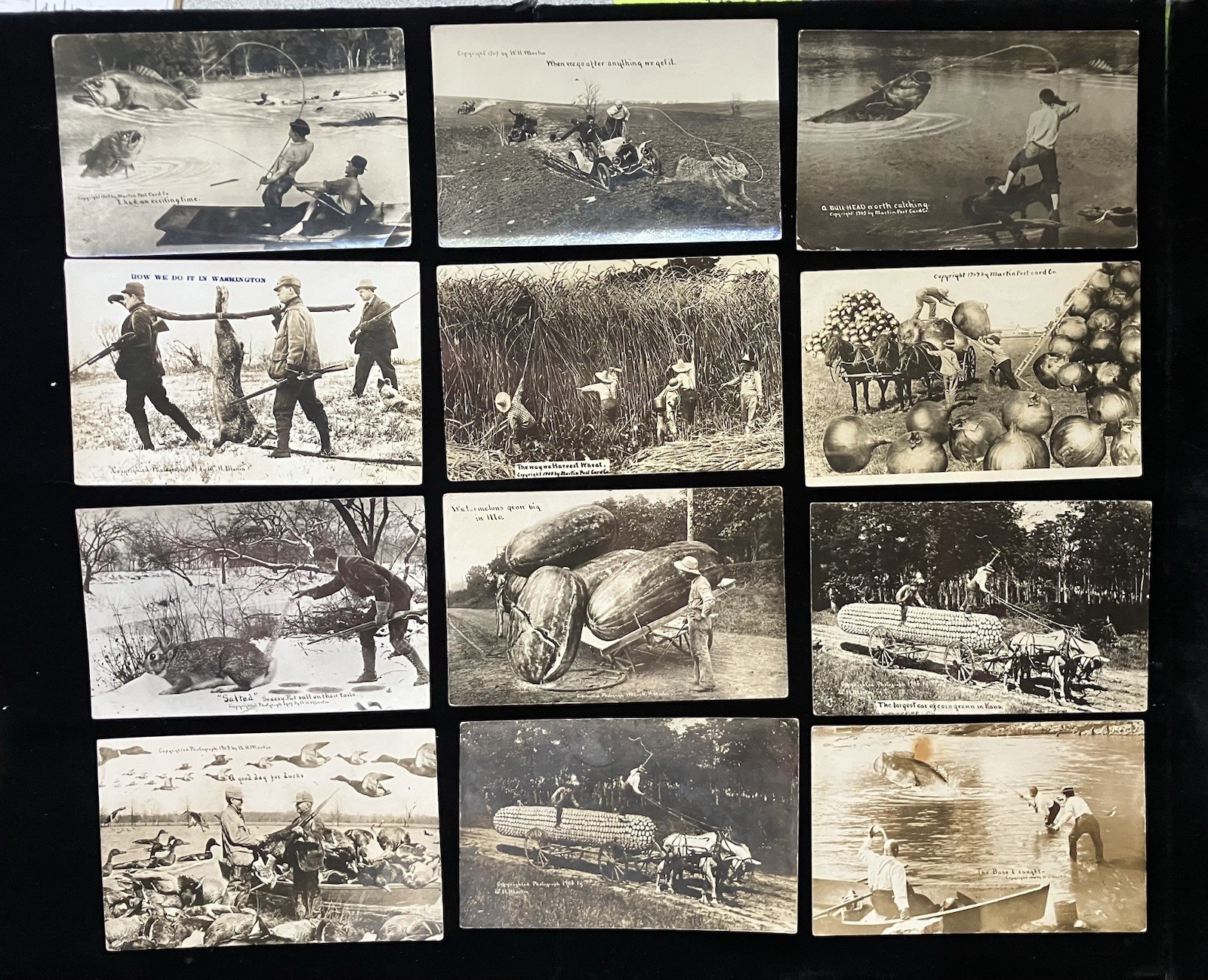 12 Card Lot RPPC Martin Exaggeration Postcards Farming Fishing Hunting Humor