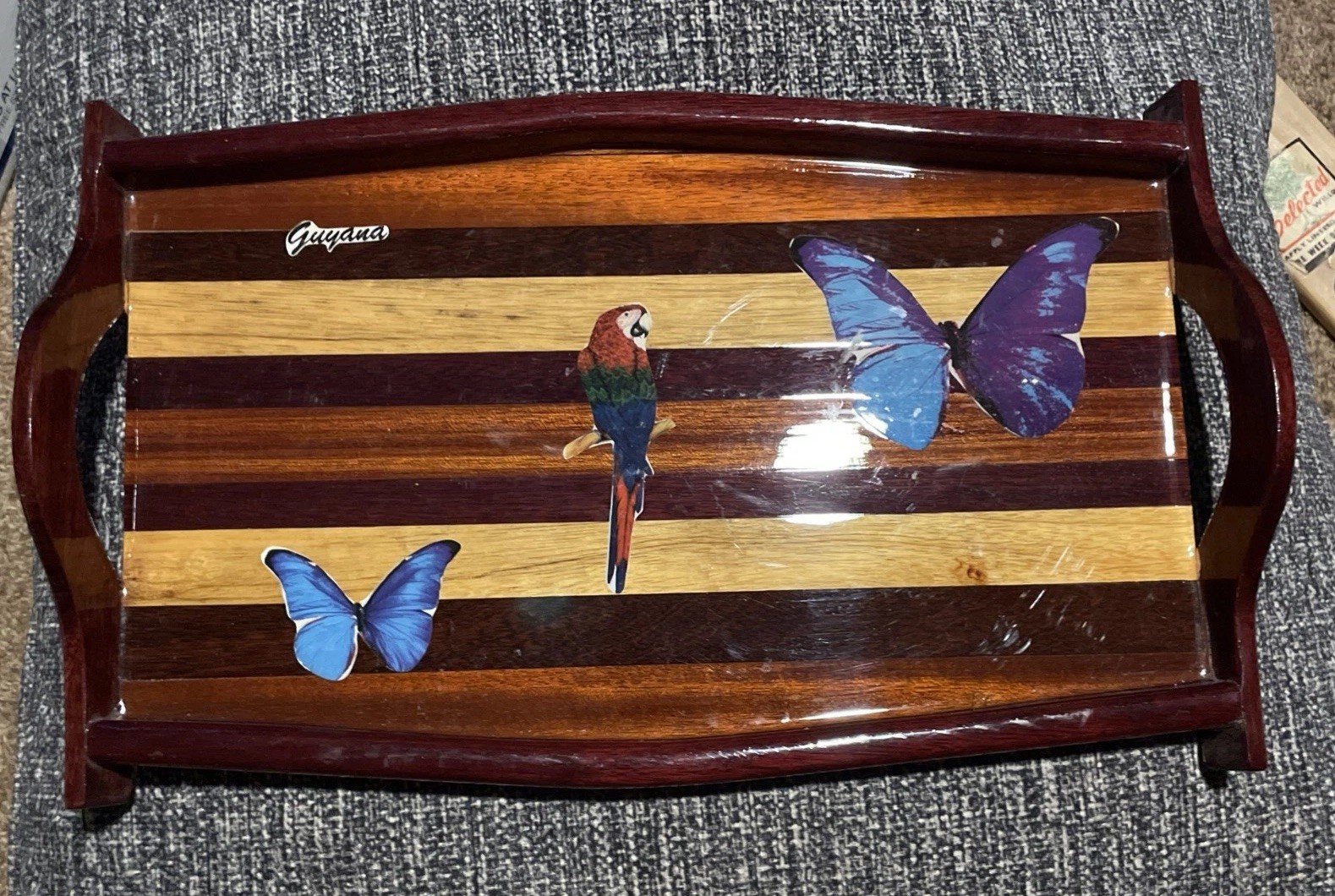 Vintage Guyana Striped Wood Serving Tray Blue Morpho Butterfly Inlay 17”x10.5”