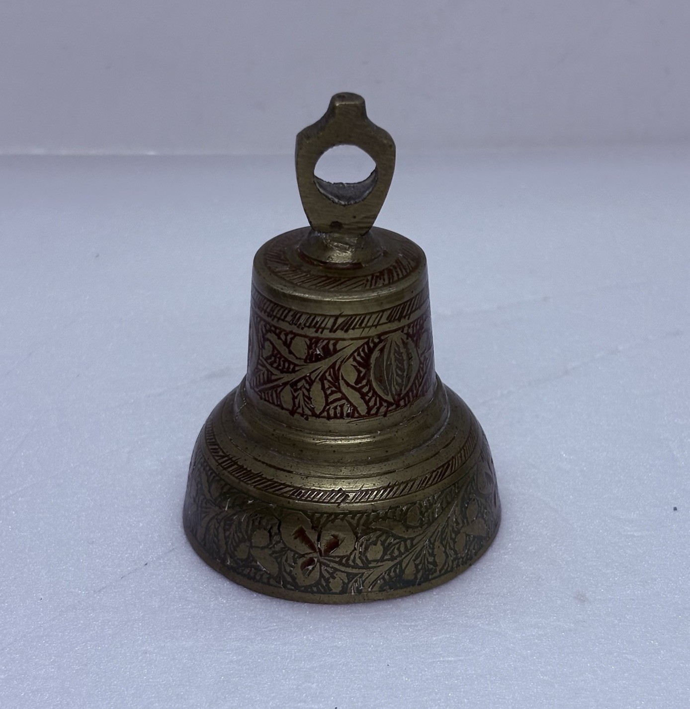 Vintage Solid Brass Hand Bell Carved Leaves Floral 3” Art Decor 6