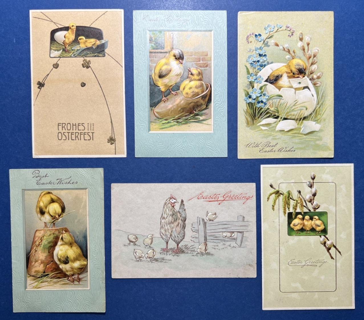 6 Chicks Mixture Easter Antique Postcards. EMB. PUBL: PFB. 1906-08 era