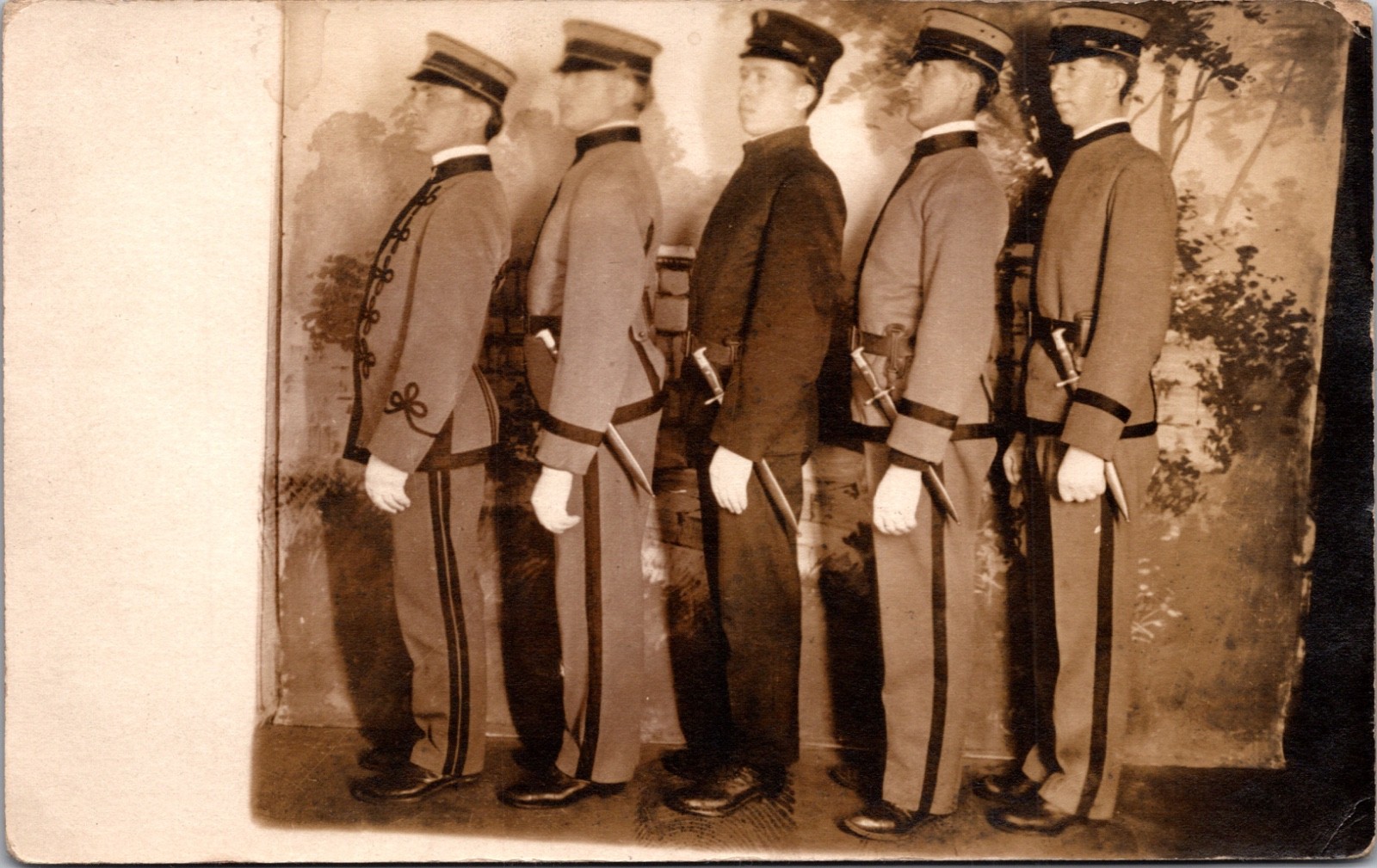 Antique Real Photo Postcard Military Cadets in Uniform with Swords 1914