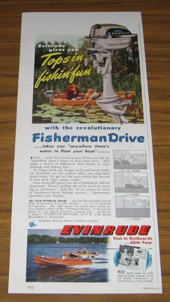 1949 Vintage Ad Evinrude Outboard Motors with Fisherman Drive Milwaukee,WI