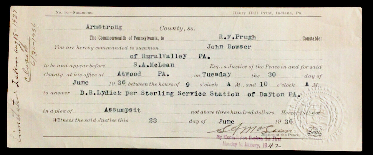1936 Armstrong County Pa Summons to Appear to answer legal document #b7