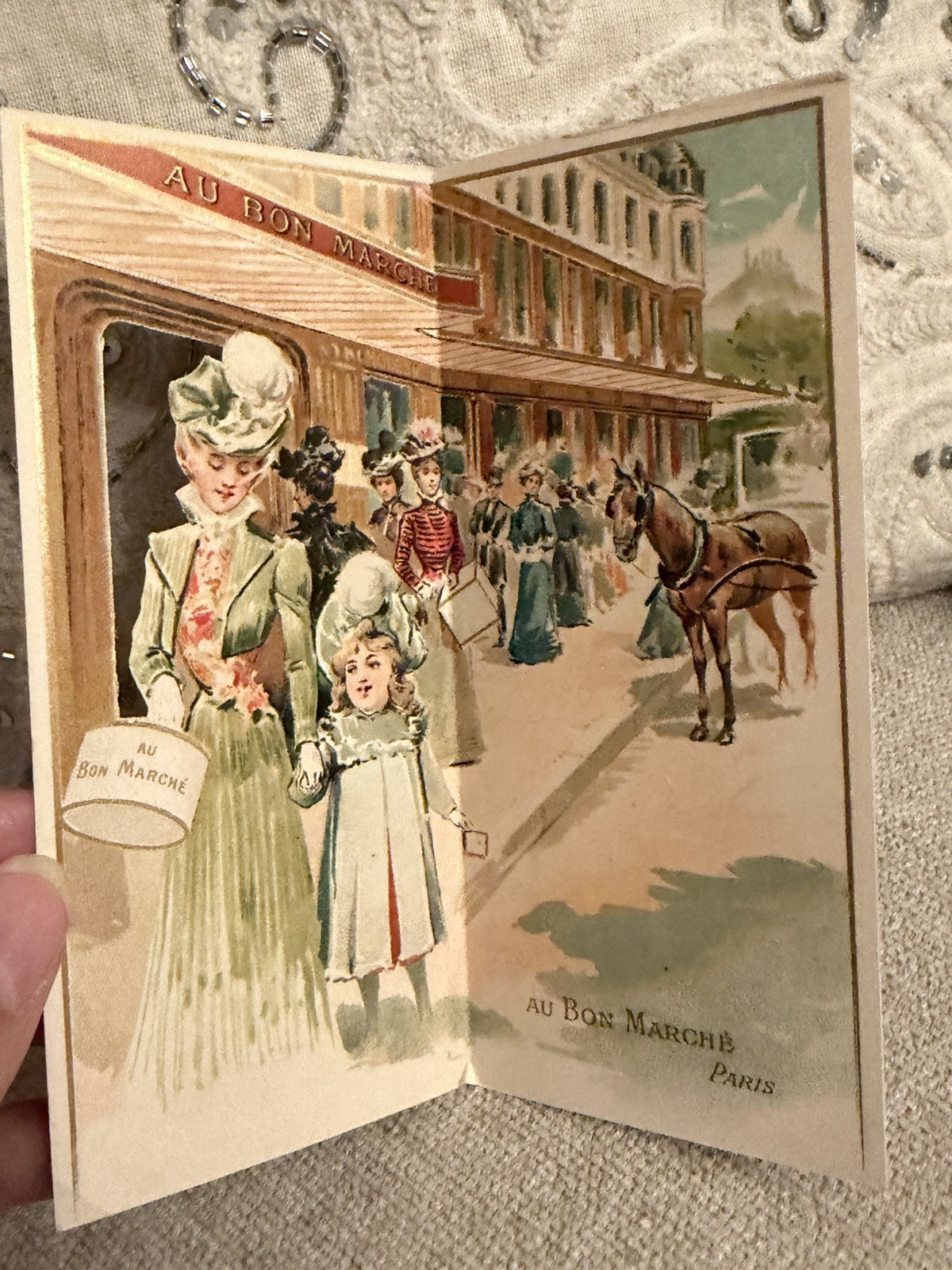 Antique French Au Bon Marche Paris Window Trade Card Mother Child c1900