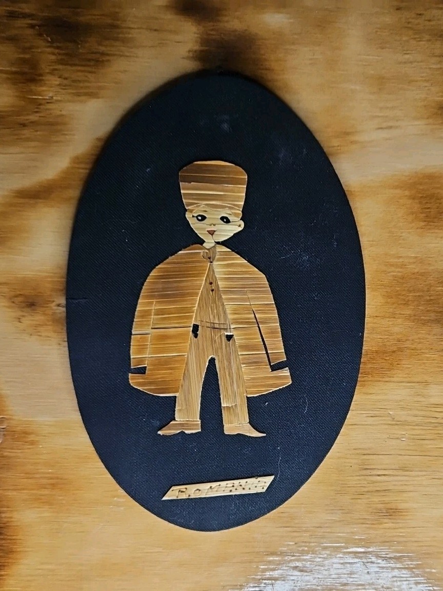 Vintage Romanian Straw Marquetry Folk Art - Signed Arta Bucharest - Peasant Boy