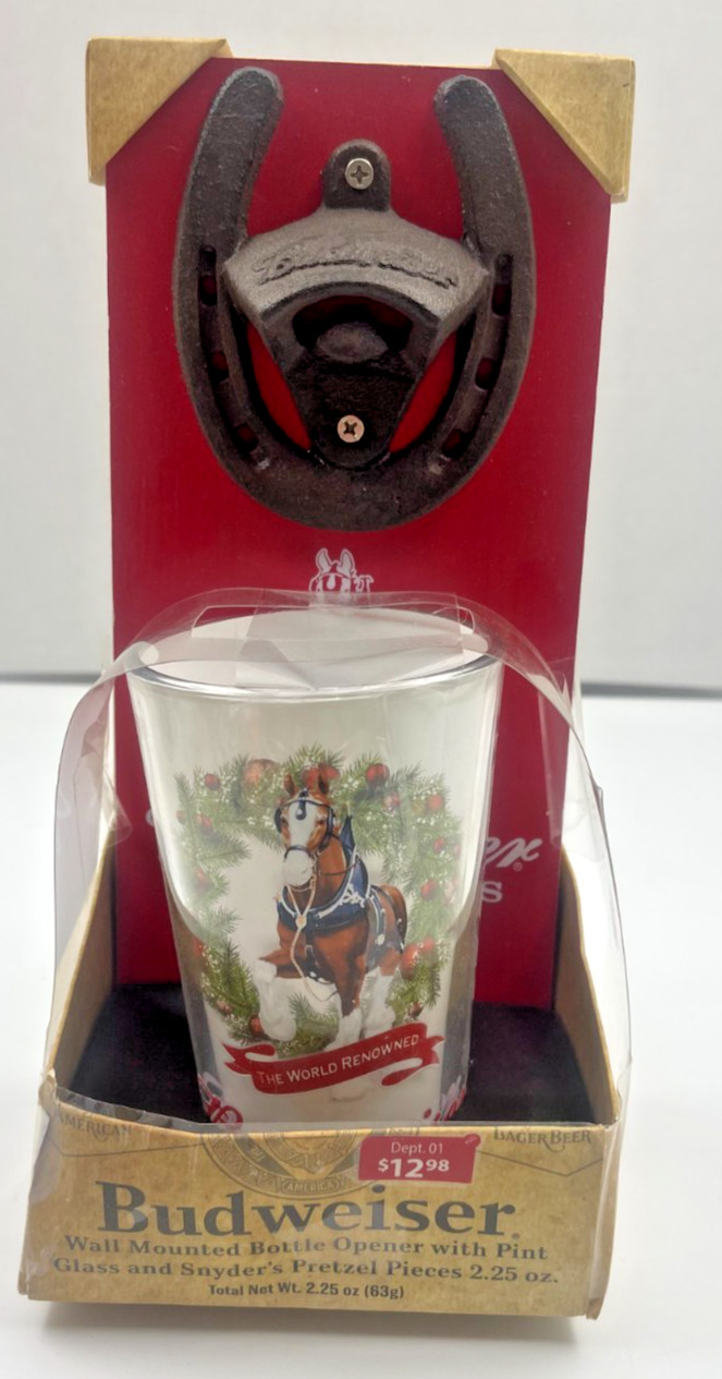2022 Budweiser Clydesdale Wall Mounted Bottle Opener Pint Glass Set