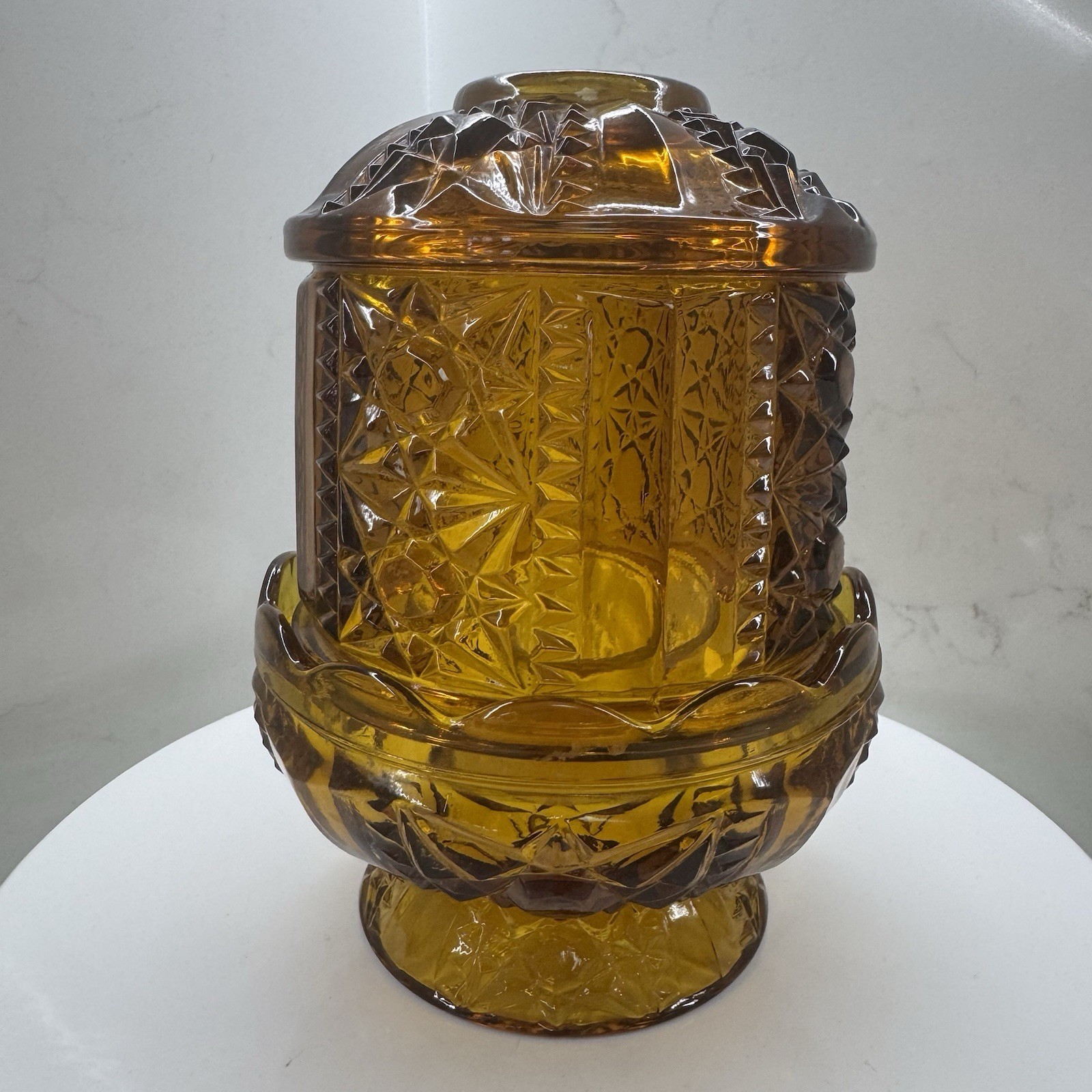Vintage Indiana Glass Amber Stars & Bars Fairy Lamp Candle Holder 2 Pc