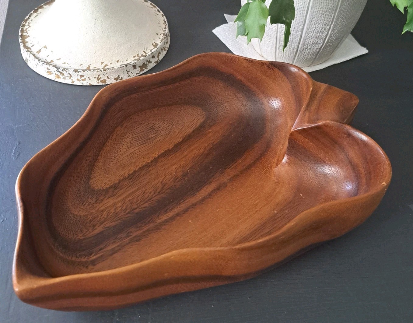 Vintage  Blair's Hawaii Wooden Hand Carved  Leaf Shaped Bowl Signed 