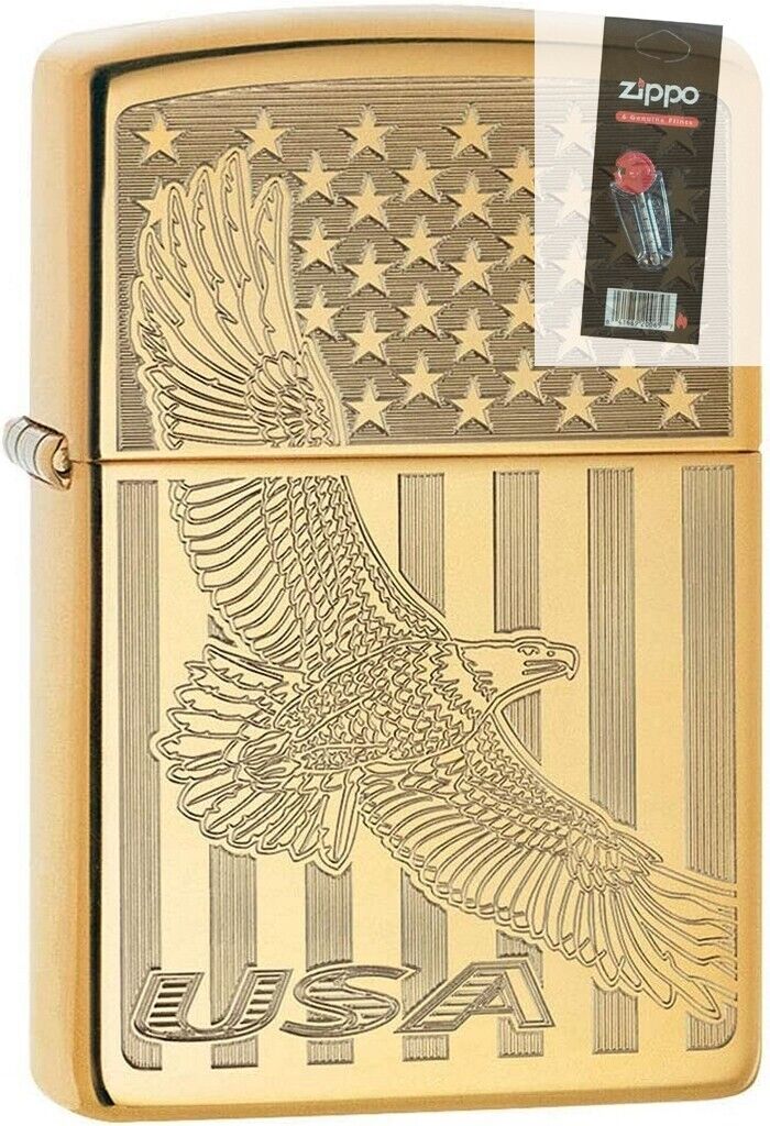 Zippo 08306 USA Flying Eagle Flag Engraved Brass Lighter + FLINT PACK