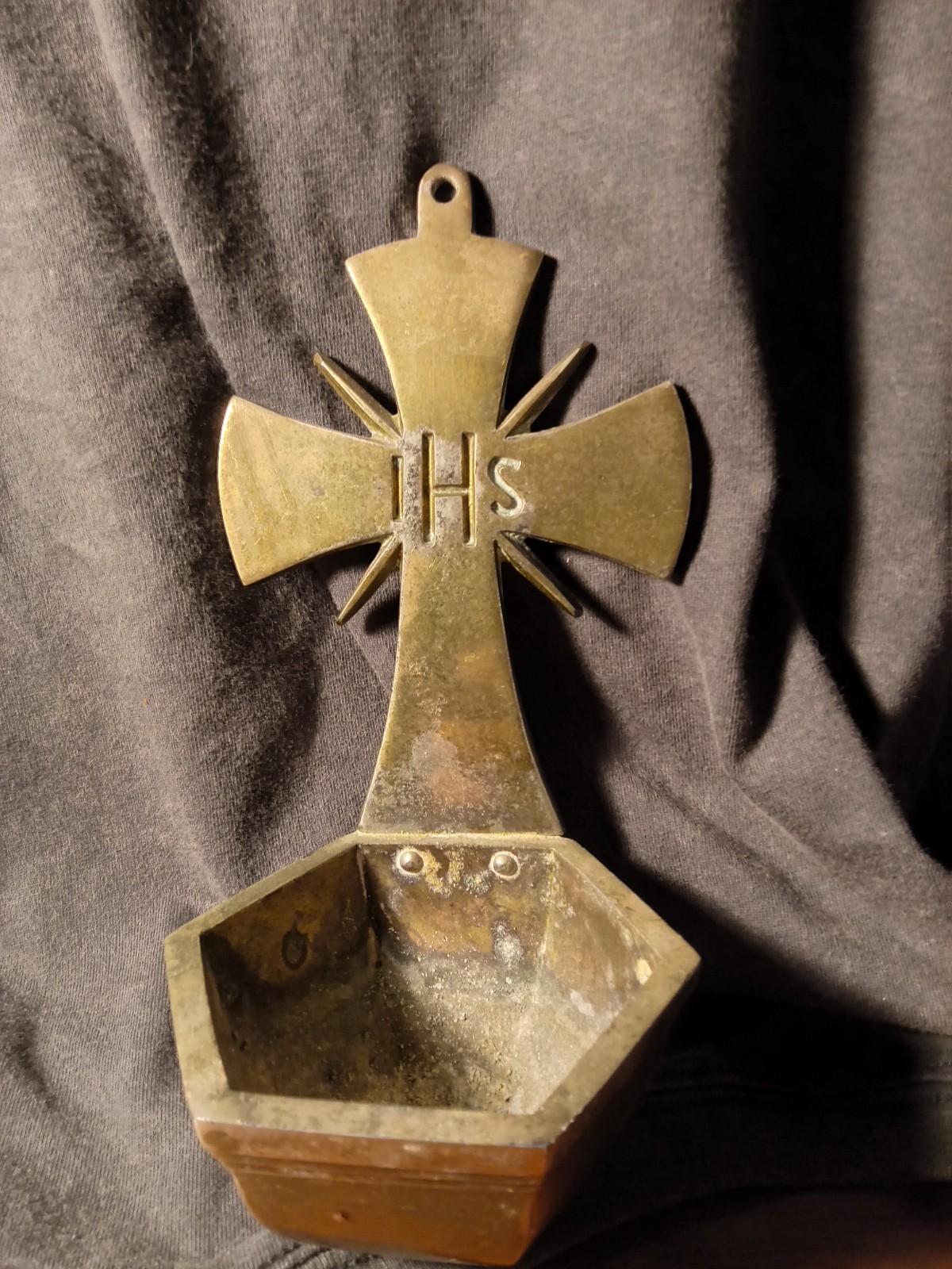 Vintage Metal Christian Holy Water Font Wall Mount IHS Cross Brass