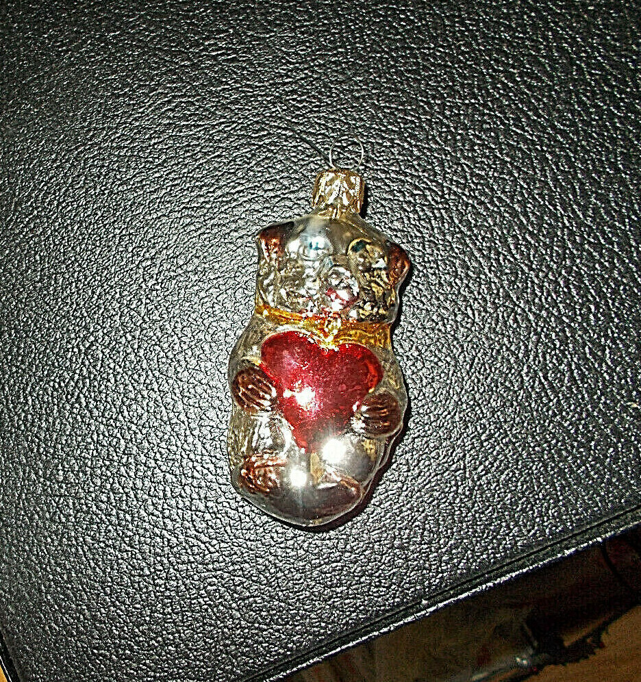 ANT/VTG GERMAN MERCURY GLASS TEDDY BEAR W/HEART CHRISTMAS TREE ORNAMENT~3 3/4\