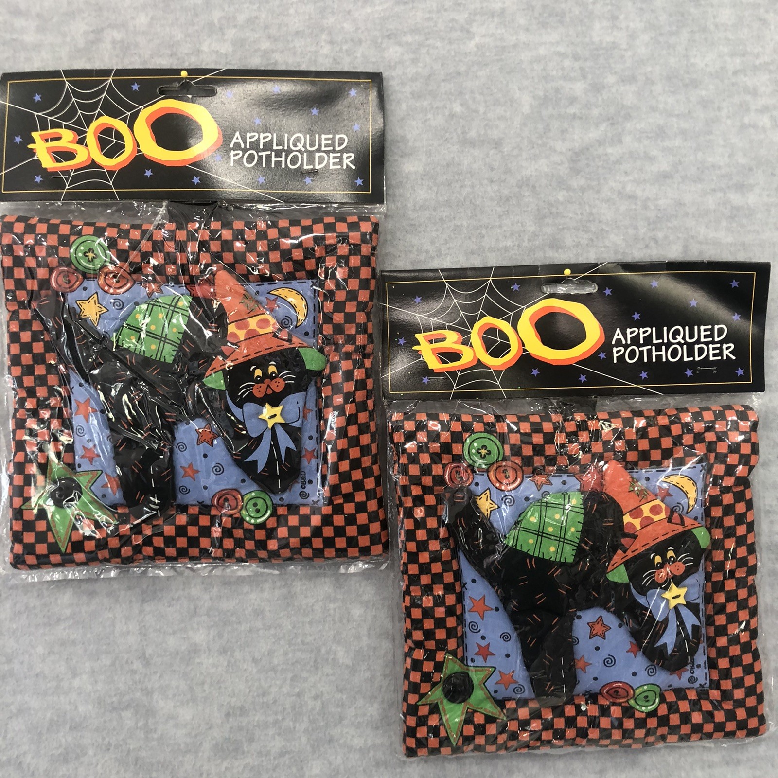 Vintage B&D Halloween Pot Holders Black Cat Applique Lot of 2 100% Cotton
