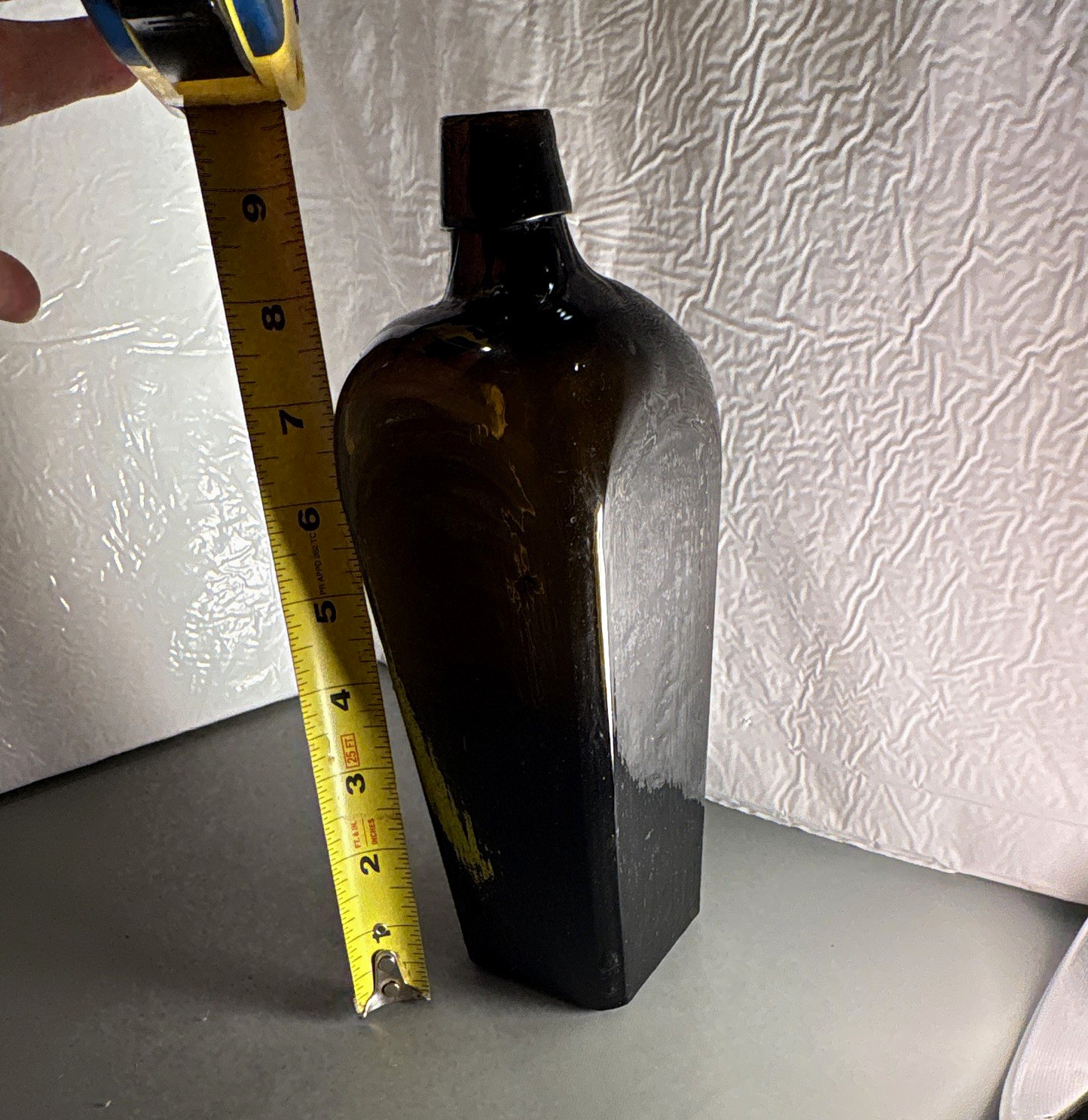 Antique Dark Olive Black Glass Case Gin Bottle 9” Square Body Applied Lip