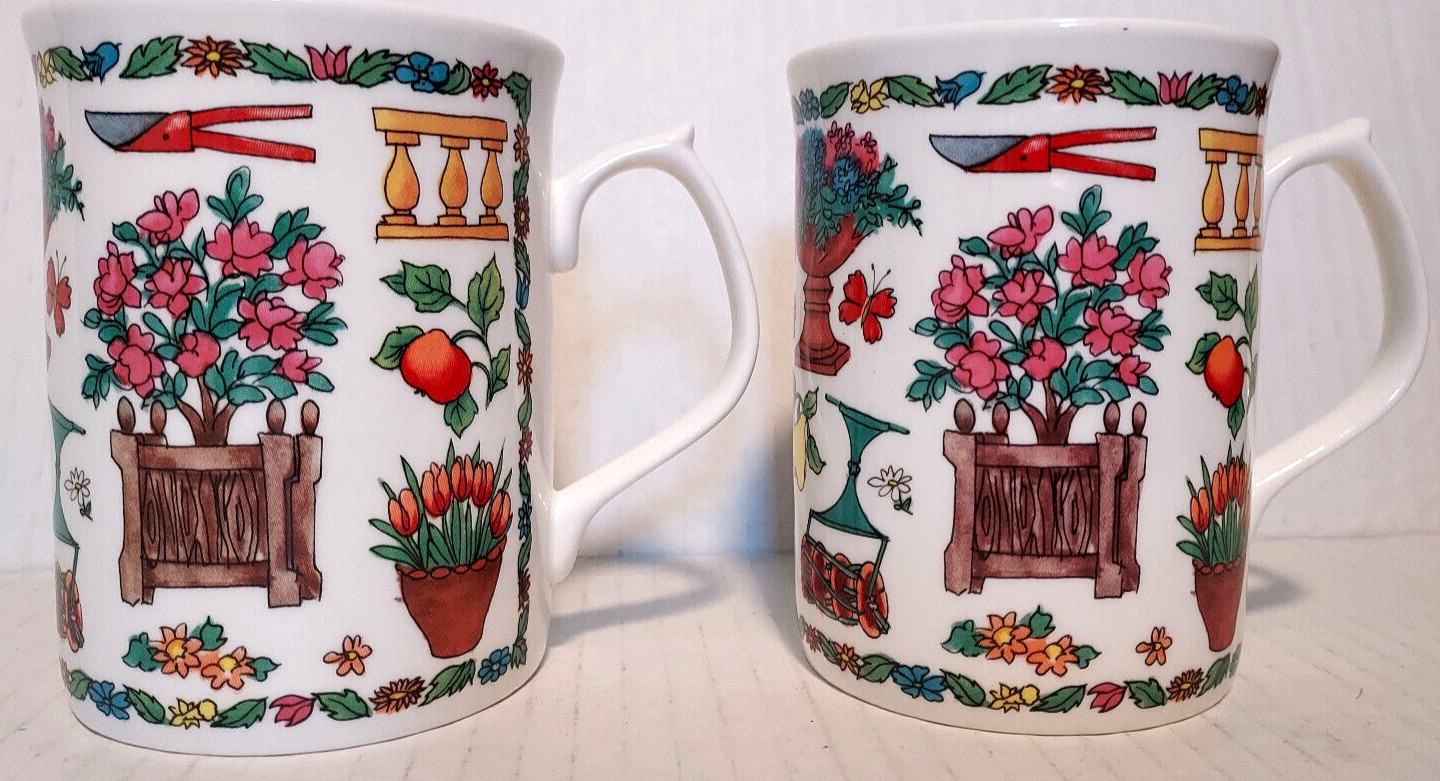 Duchess Fine Bone China Mug Set Garden Flowers Fruit - Set of 2 - Pls Read Desc