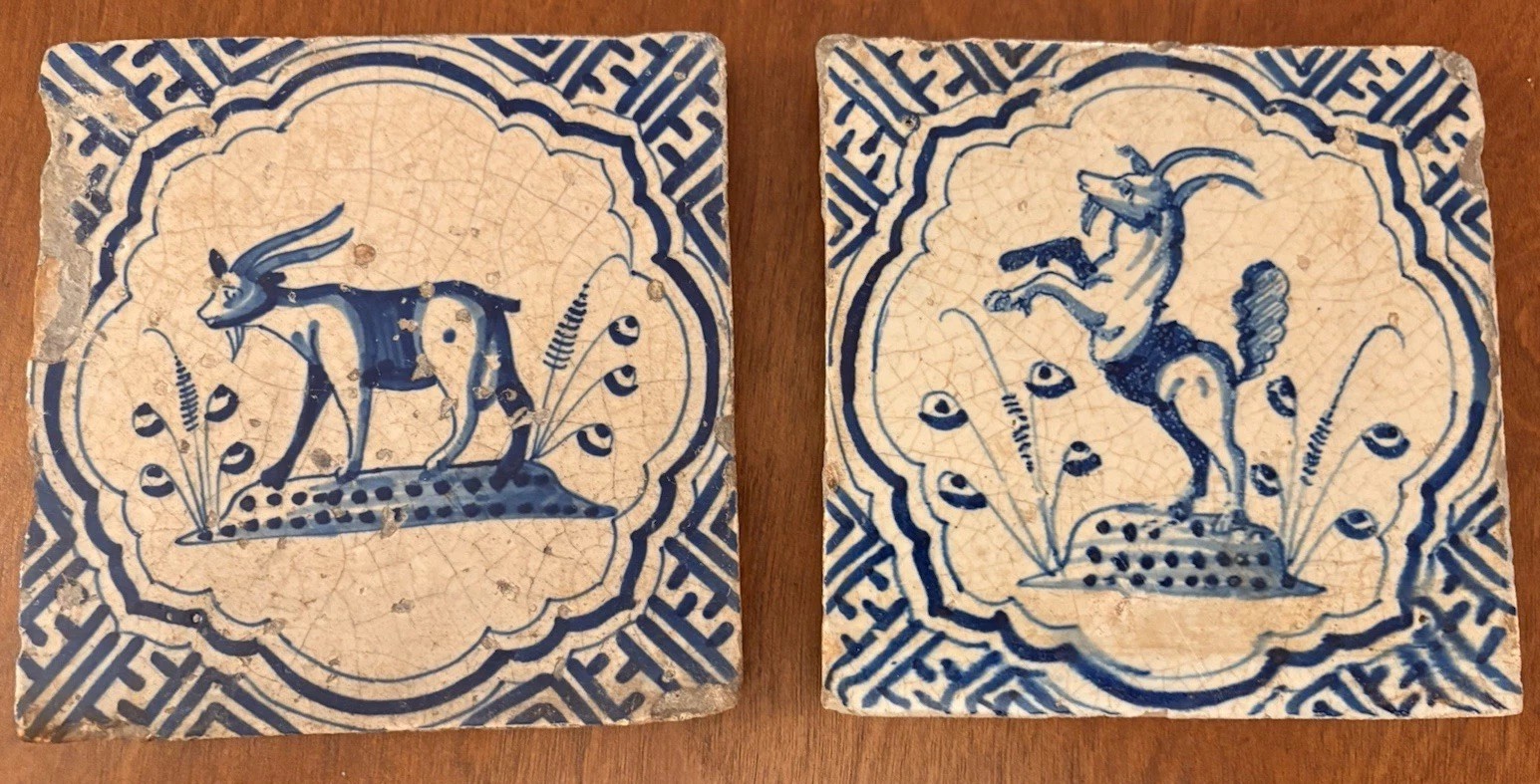 Antique 17thC Dutch Delft Tile Pair 2 Delftware Blue White Wan-Li Goat 1620-1650