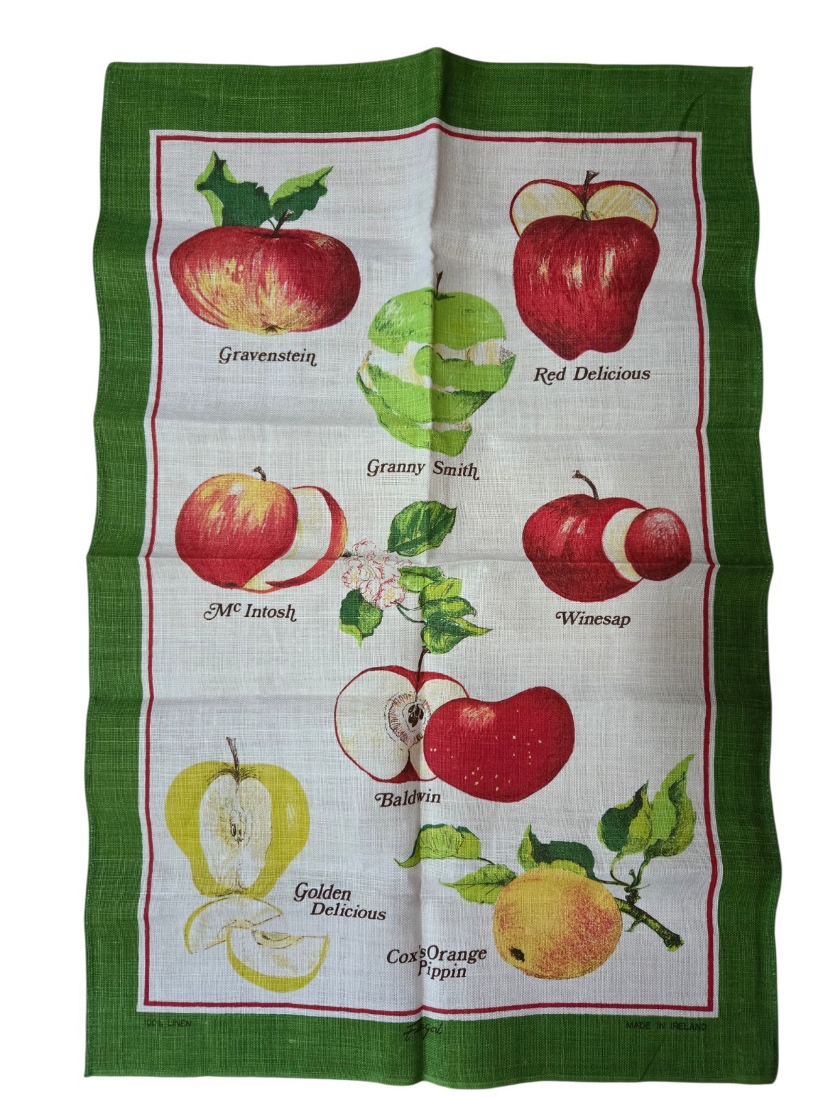 Fingal Kitchen Tea Towel 100% Linen 19x30 Apple Varieties Made in Ireland NEW
