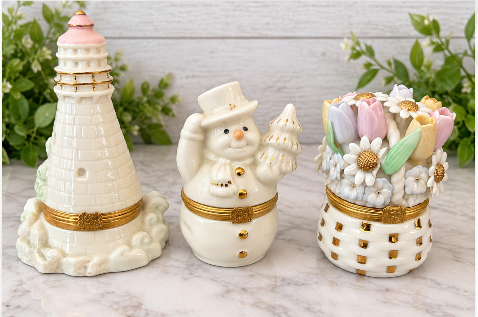 Lenox Treasures Hinged Trinket Boxes Lot of 3 Lighthouse Snowman Flowers