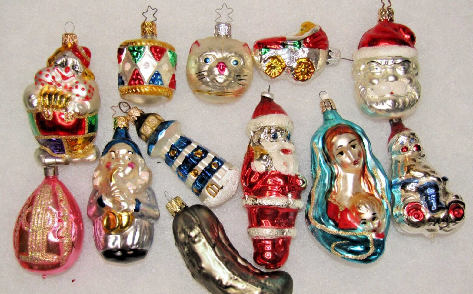 Lot VTG Modern Glass Figurine SANTA JESUS CLOWN CAT DRUM Christmas Ornaments