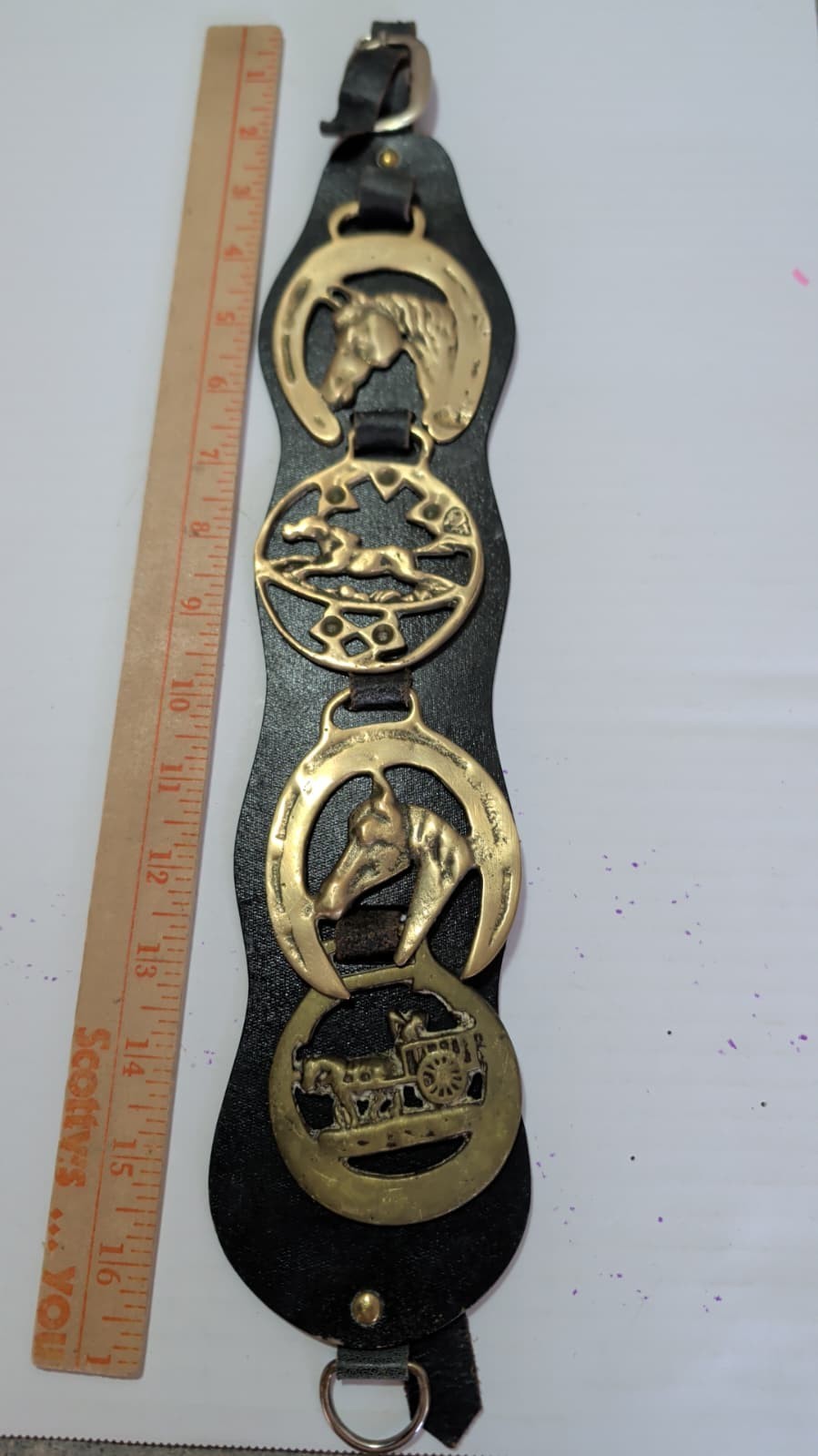 Horse Brass Leather Strap Antique From England 4 HORSE Brasses 17