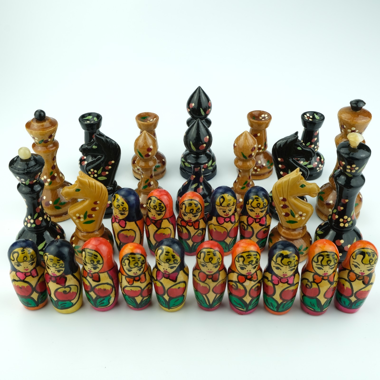Vintage Chess Pieces GDR USSR 31 Pieces Wood Hand Painted Matryoshka Soviet Union