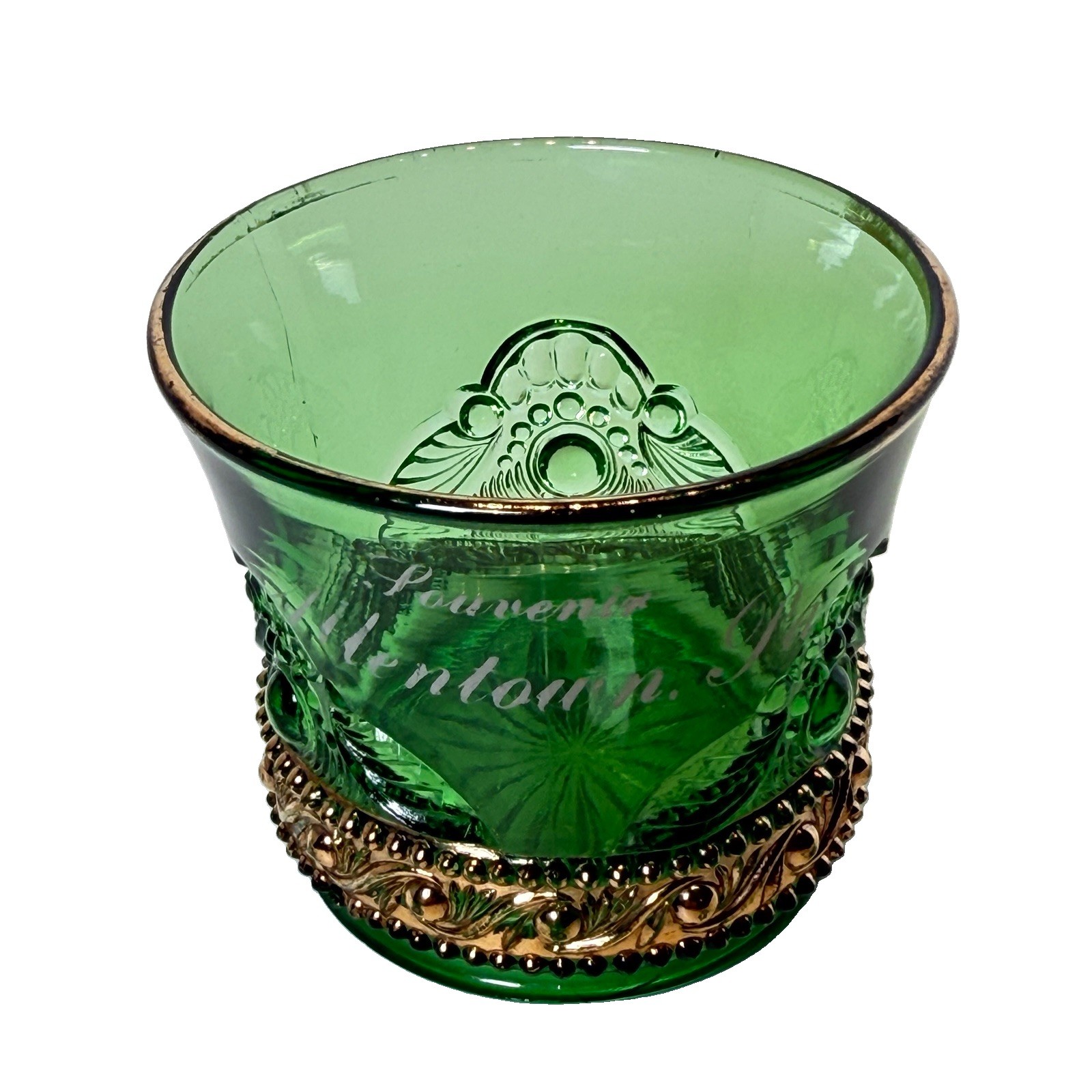 ALLENTOWN Pennsylvania PA Antique DEPRESSION GREEN GOLD Glass Souvenir CUP ALLENTOWN Pennsylvania PA Antique DEPRESSION GREEN GOLD Glass Souvenir CUP