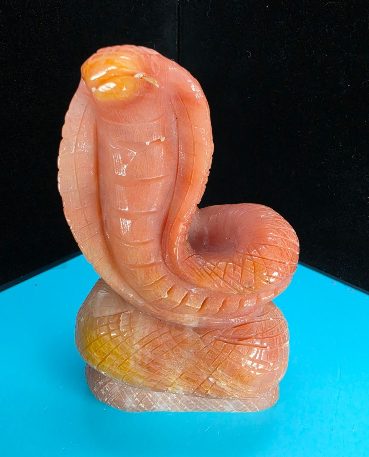 Pink Calcite Carved Stone Cobra Snake Carving Sculpture pink Peach | 1.183 Lb