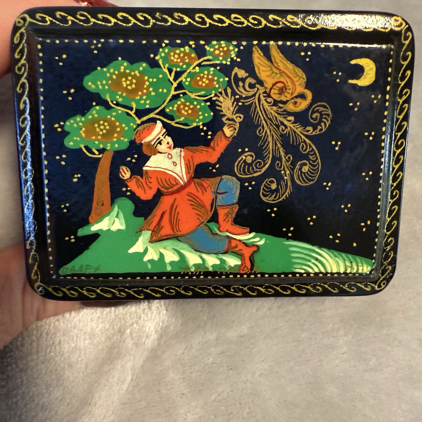 Hand Painted Russian Lacquer Box Prince Ivan & Firebird Trinket Box Vintage