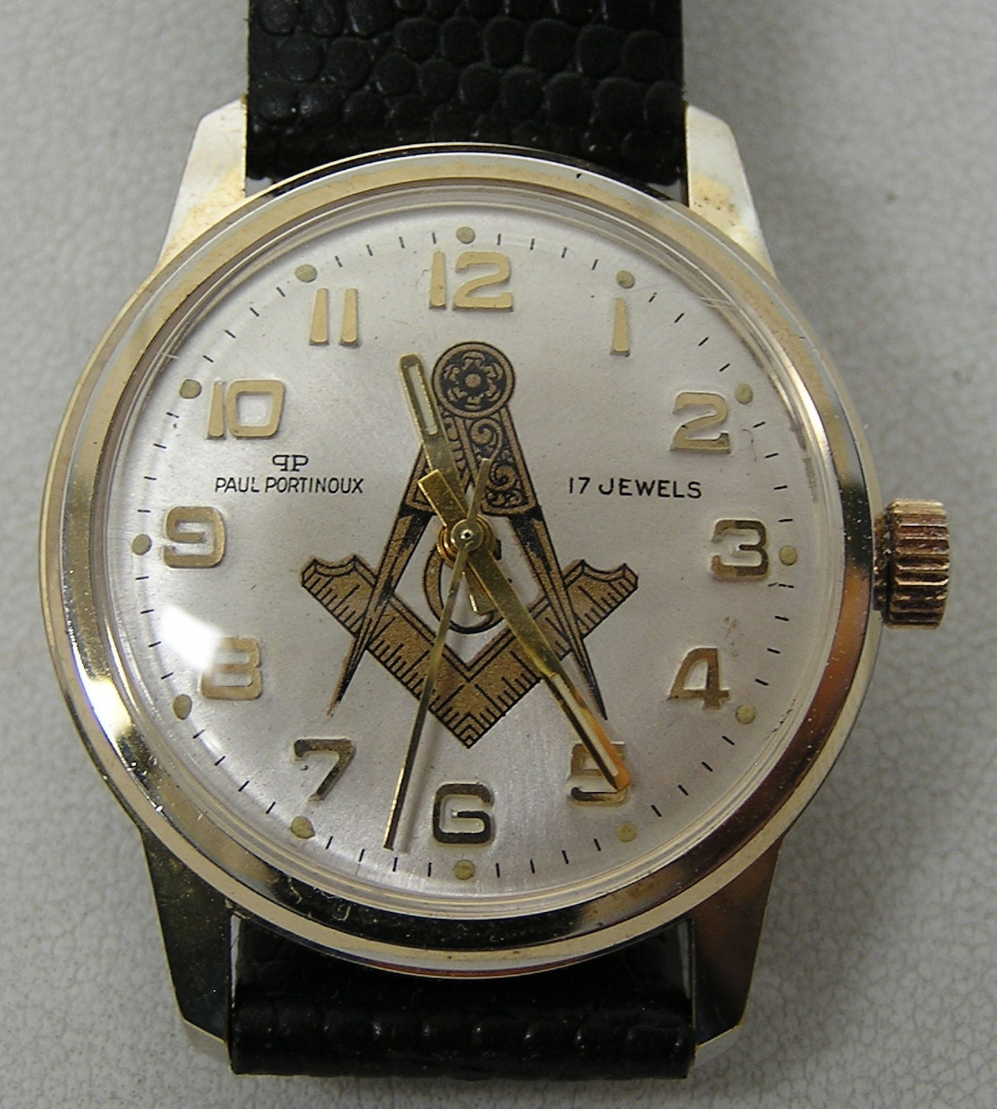 Stunning Vintage Paul Portinoux Mason Masonic Square & Compass 17J Men\'s Watch