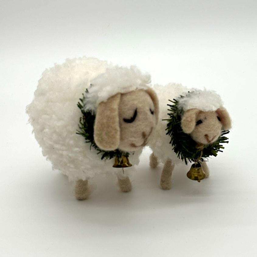 Set of 2 Felt Sheep Christmas Figurines Wreath Collars Gold Bells 3D Effect