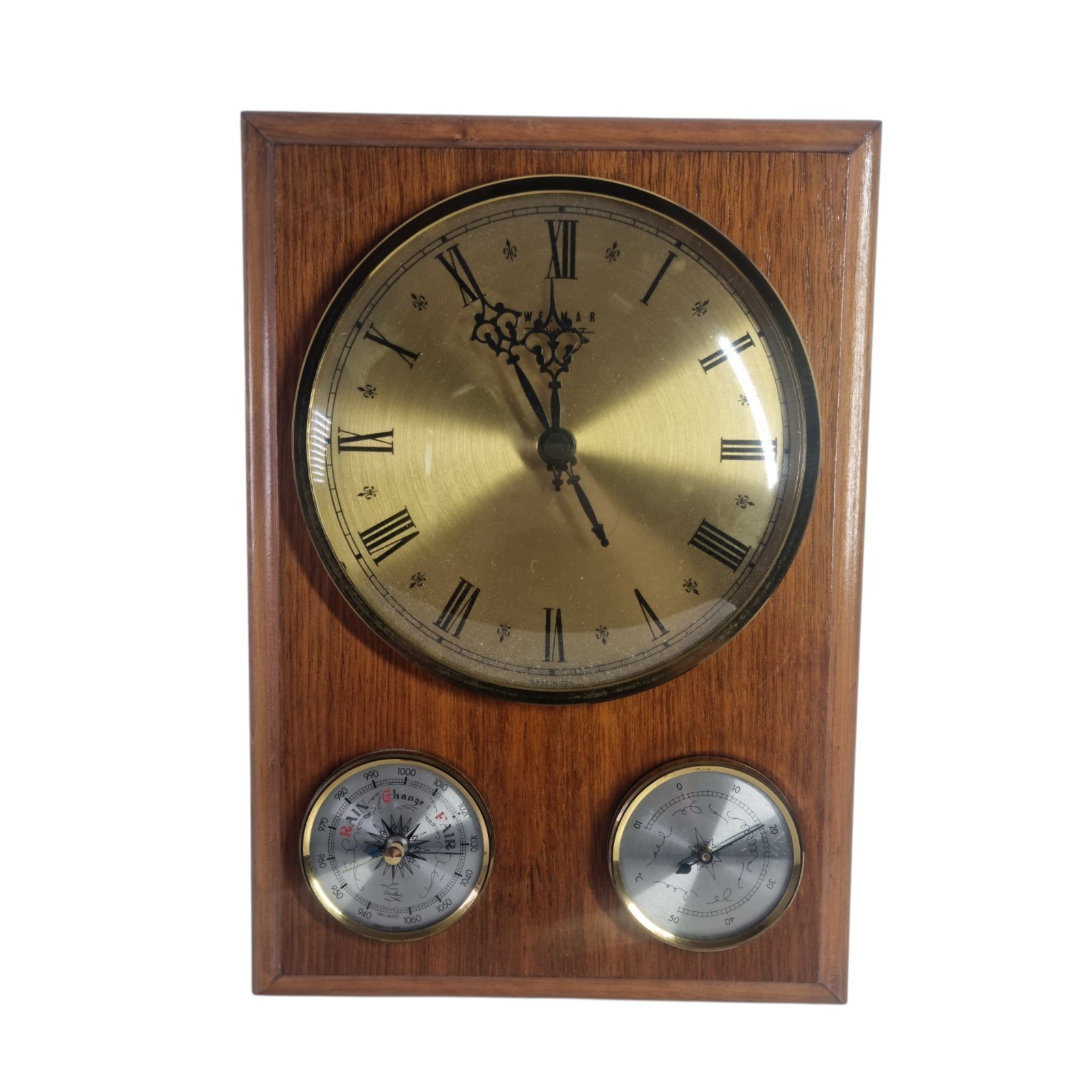 Vintage Weimar Trifunctional Wall Clock Barometer Wooden Mounted