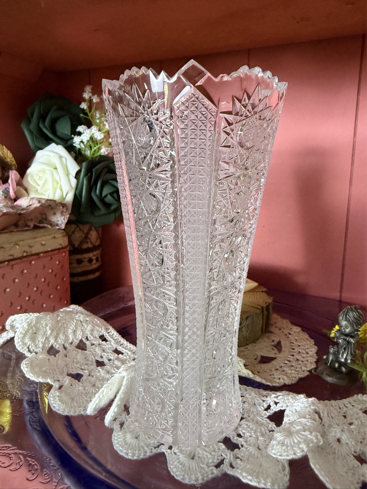 Vintage Cut Glass Crystal Flower Vase 6” Sawtooth Rim Faceted Base Clear