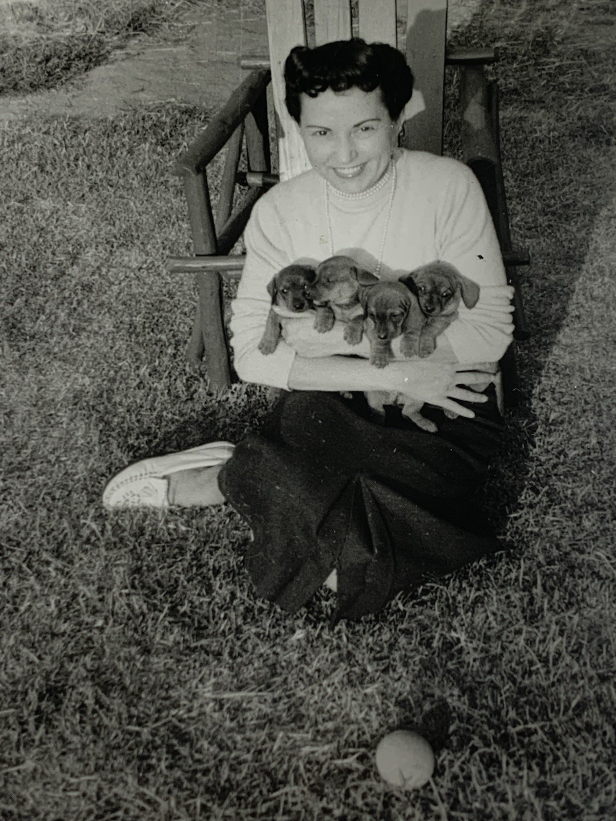 Vtg 1950s B&W photo woman holding puppies animals pet cute sweet