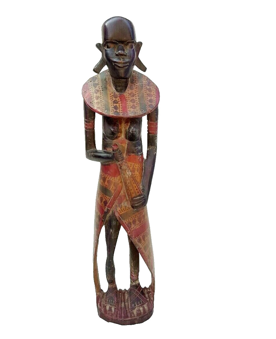 Vintage Old Antique Rosewood Fine Lacquer Painting Tribal Woman Figure / Statue