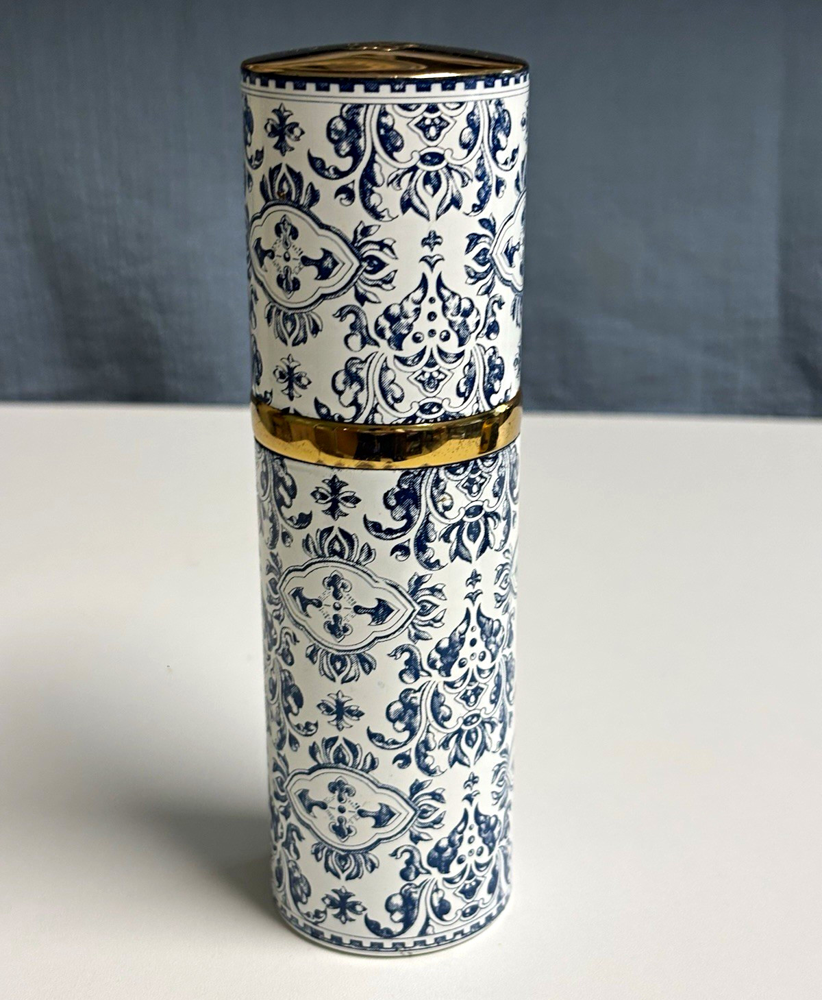 Vintage 1968 Blue White Toilette Floral Perfume Cylinder, with Gold Trim