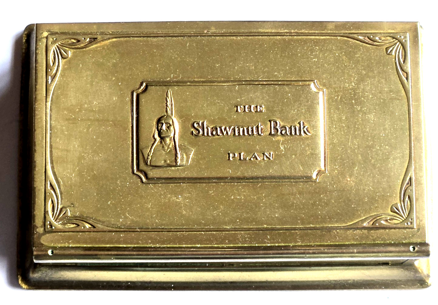 Vintage The Shawmut Bank Plan Brass Advertising Desk Box Shawmut Indian Logo