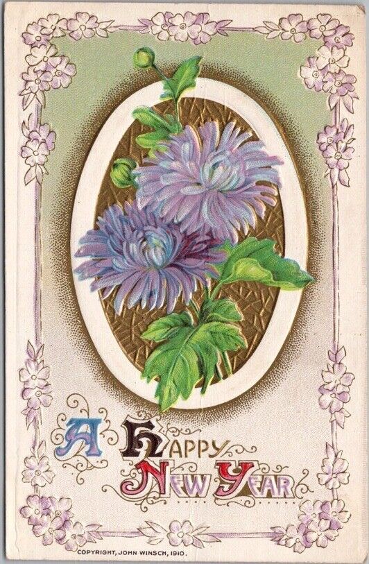 1910s Winsch HAPPY NEW YEAR Embossed Postcard Purple Flowers - Not Postally Used